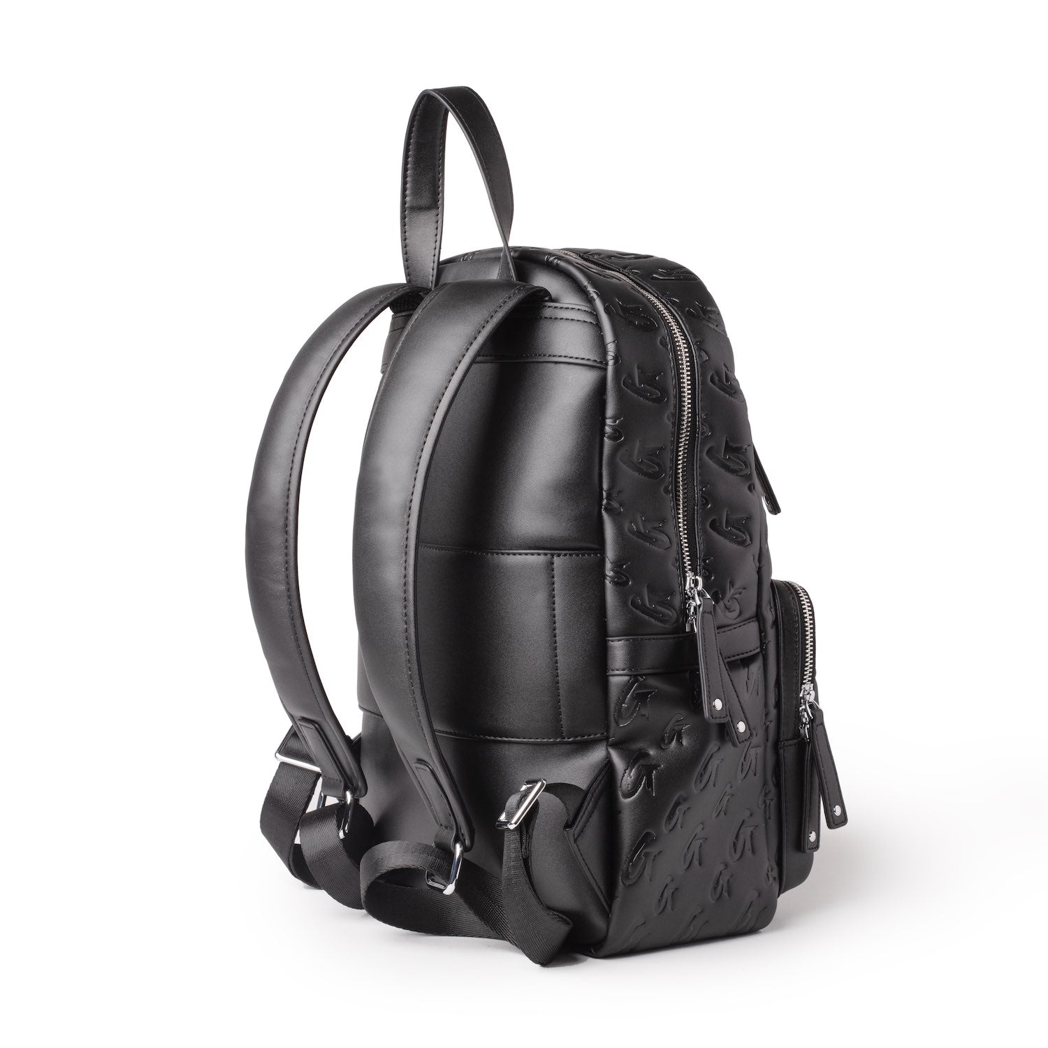 Black unisex backpack with embossed monogram pattern, padded shoulder straps, multiple zippered compartments, and sleek design.