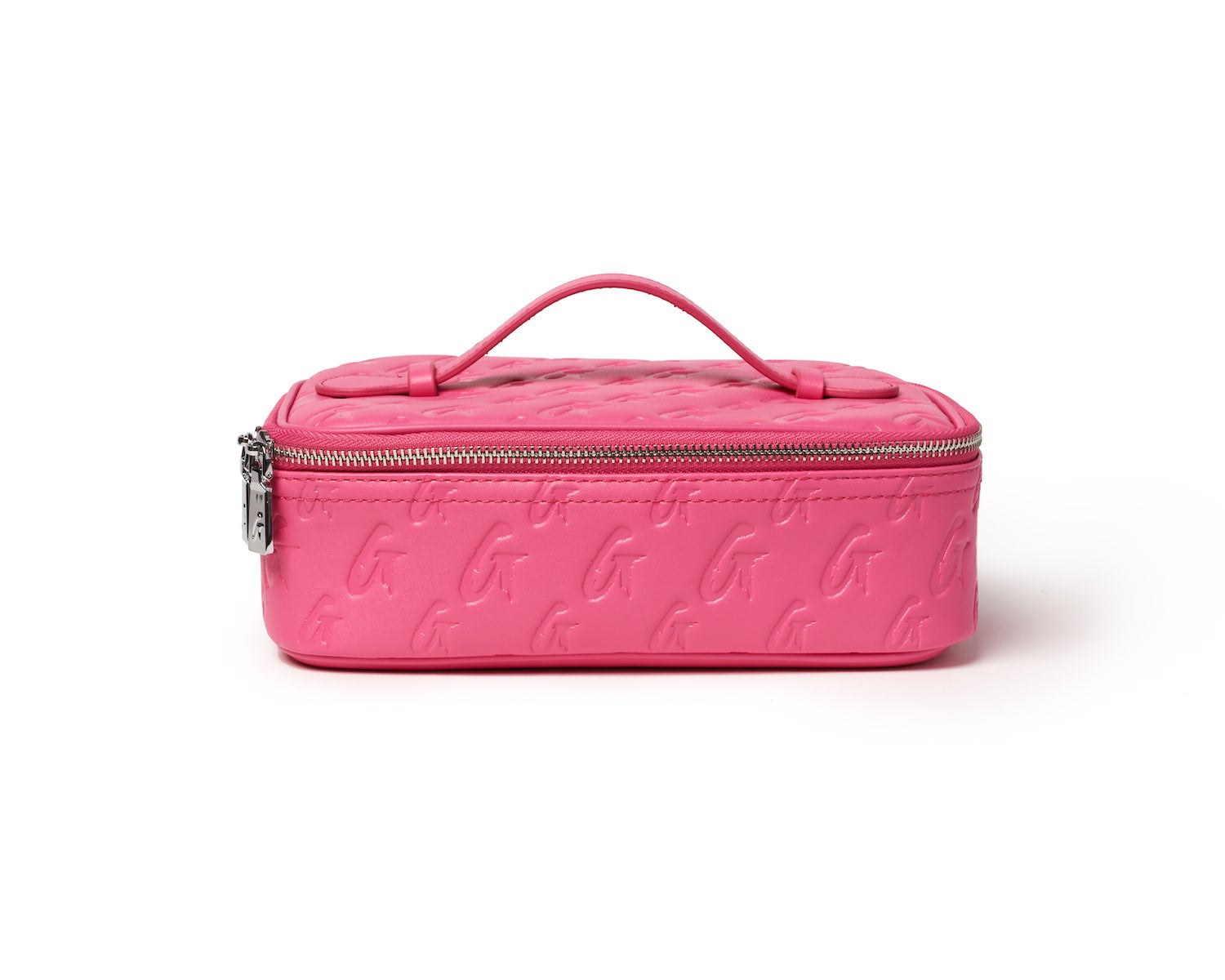 Medium hot pink monogram toiletry bag with embossed logo pattern, silver zipper, and top handle.