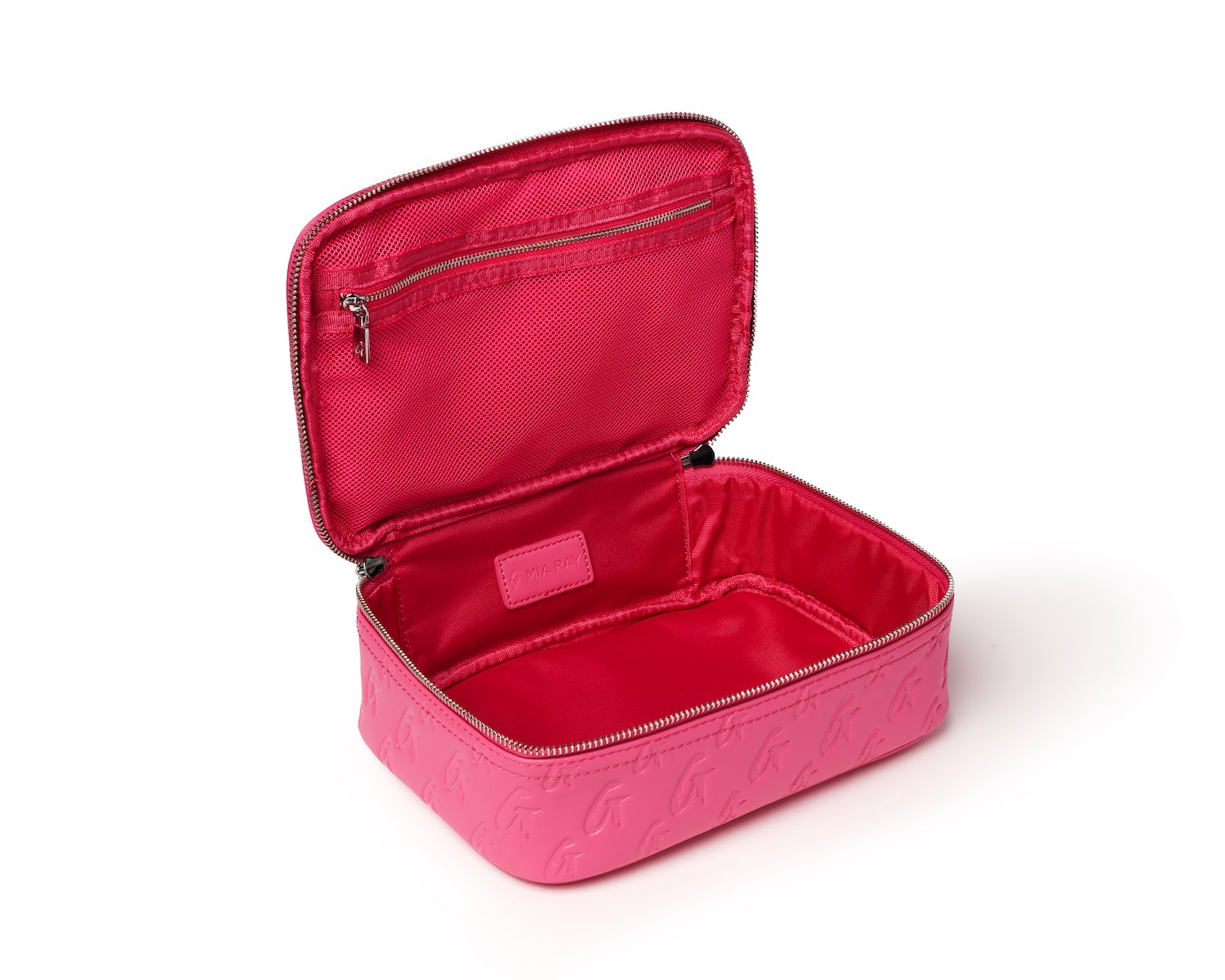 Open hot pink monogram toiletry bag with interior zip pocket and spacious compartments, perfect for travel essentials.