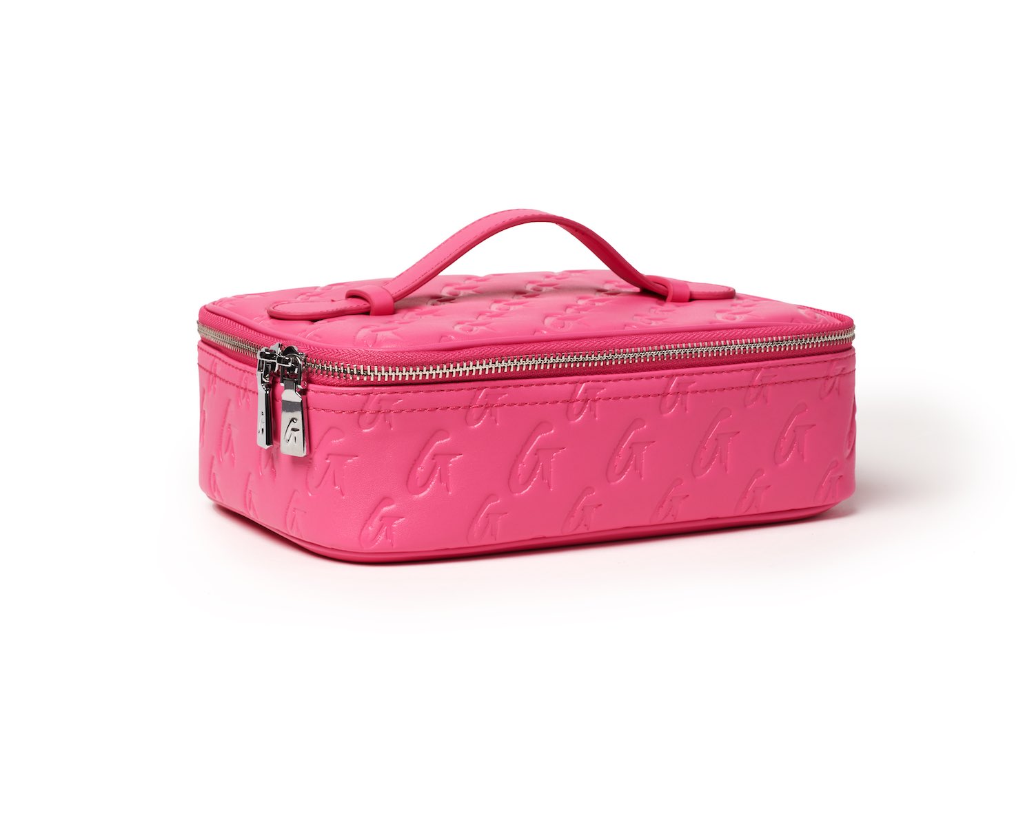 Medium hot pink monogram toiletry bag with embossed logo pattern, silver zipper, and handle on top.