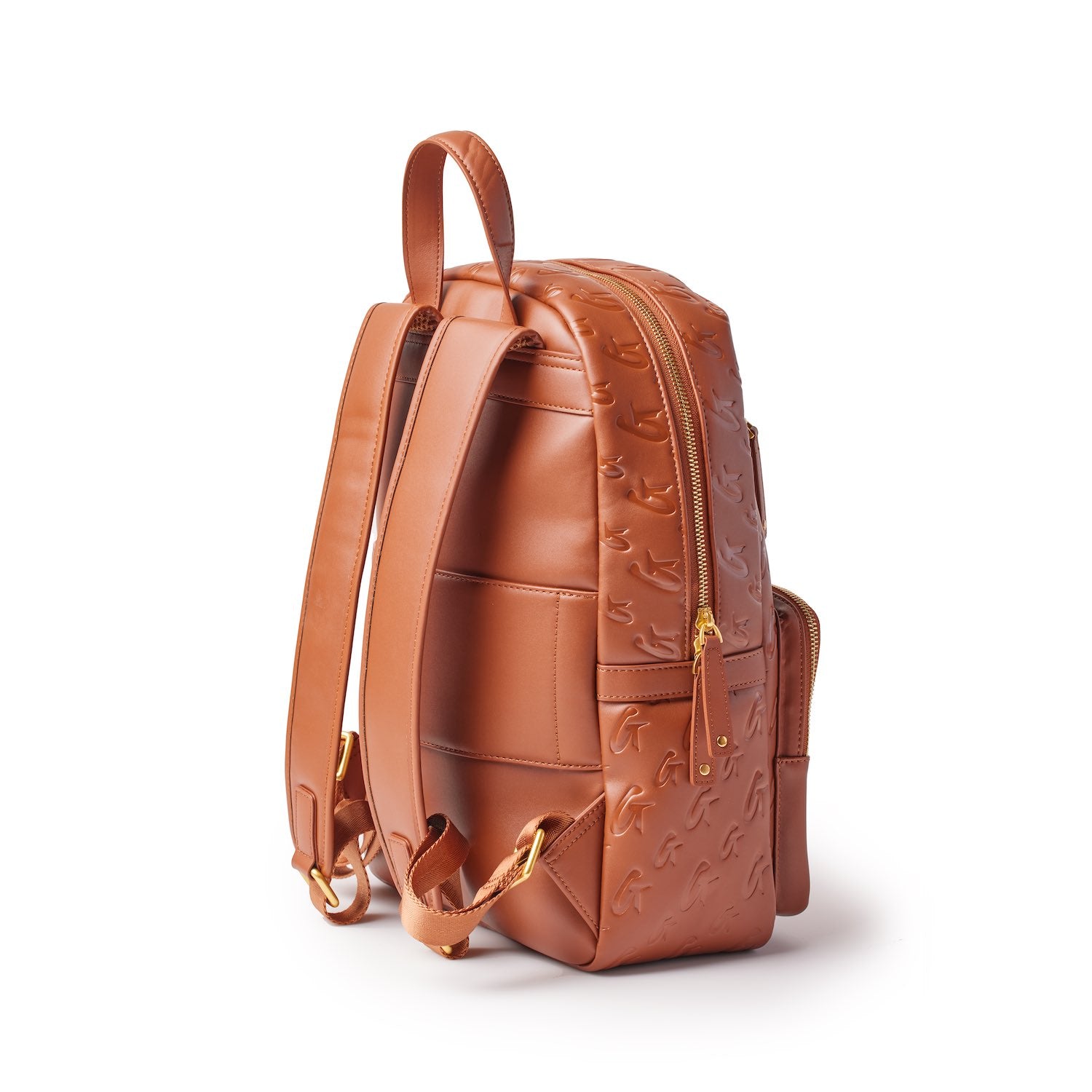 Brown unisex backpack with embossed logo pattern, gold zipper accents, and adjustable shoulder straps.