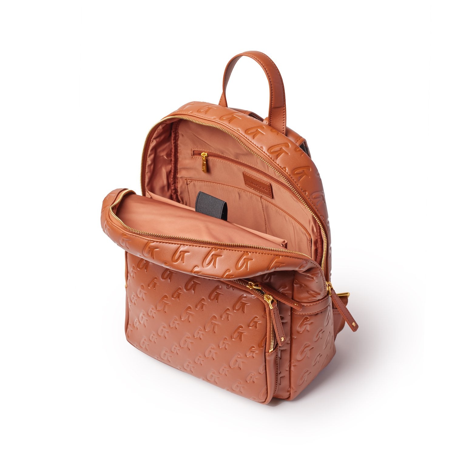Brown unisex backpack with embossed logo pattern, gold zippers, multiple compartments, and adjustable straps.