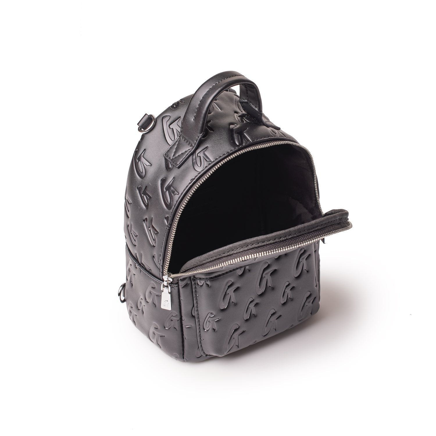 Black mini monogram backpack with embossed logo pattern, top handle, and silver zipper closure, open to reveal spacious interior.