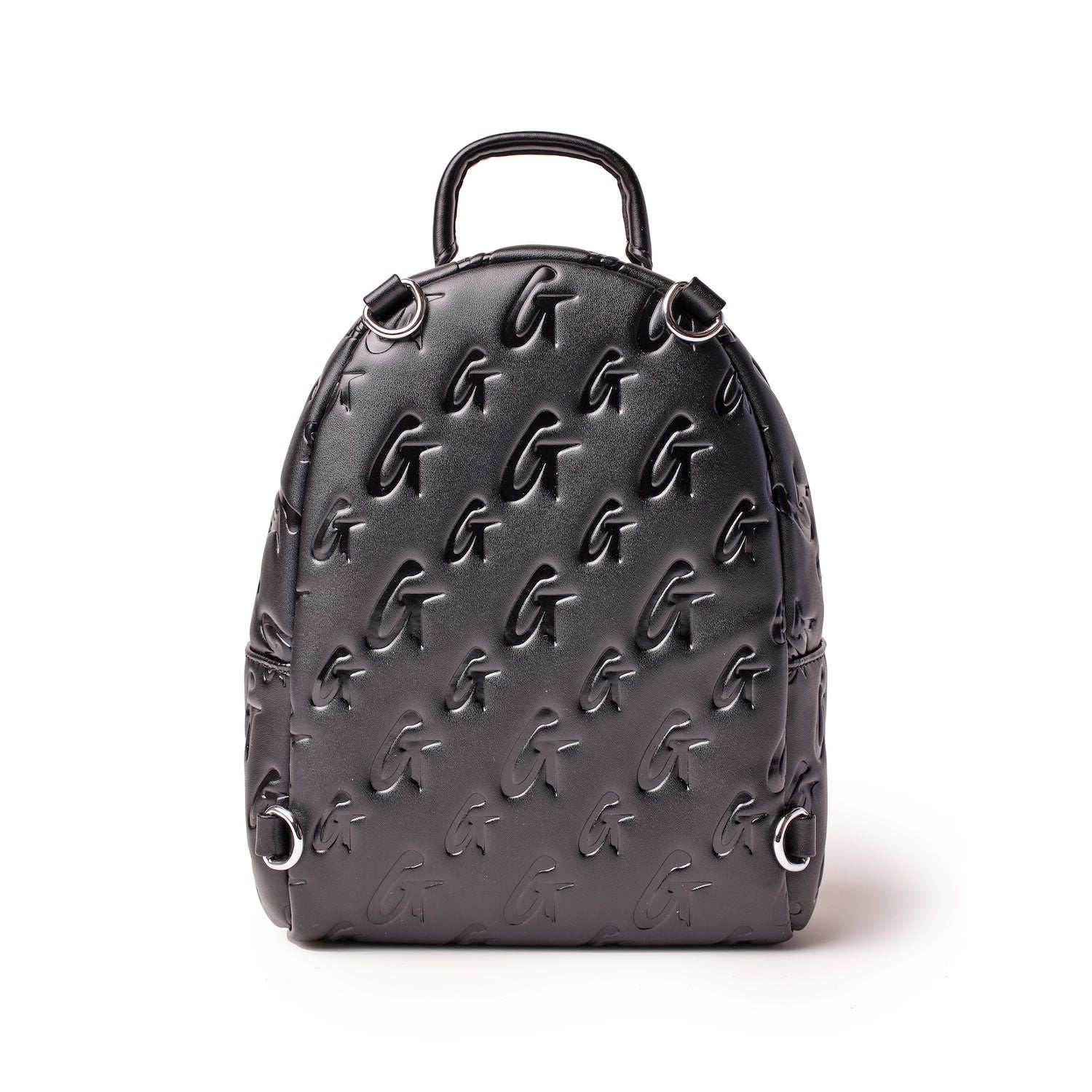 Black mini monogram backpack with embossed G logo pattern, top handle, and metal hardware accents.