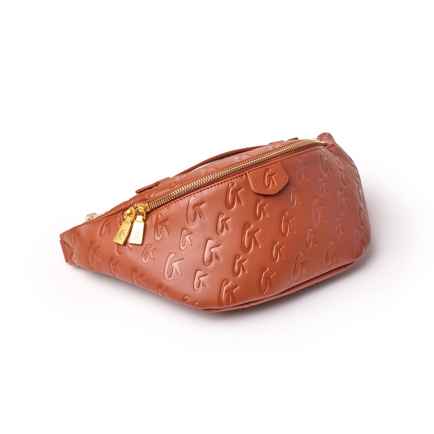 Brown monogram embossed fanny pack with gold zipper and logo pulls, designed for stylish, hands-free convenience.