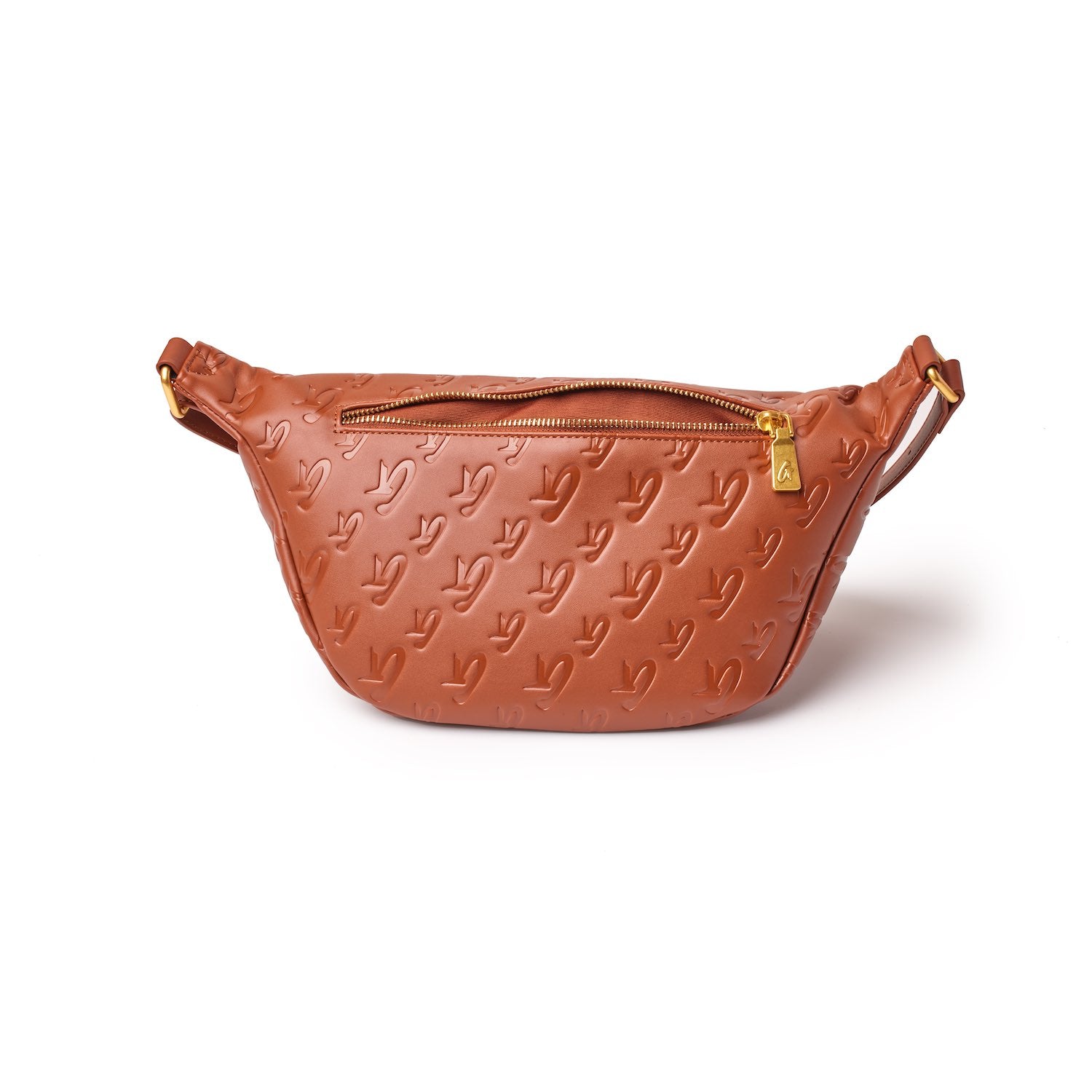 Brown Monogram Fanny Pack with embossed logo pattern, gold zipper, and adjustable strap.