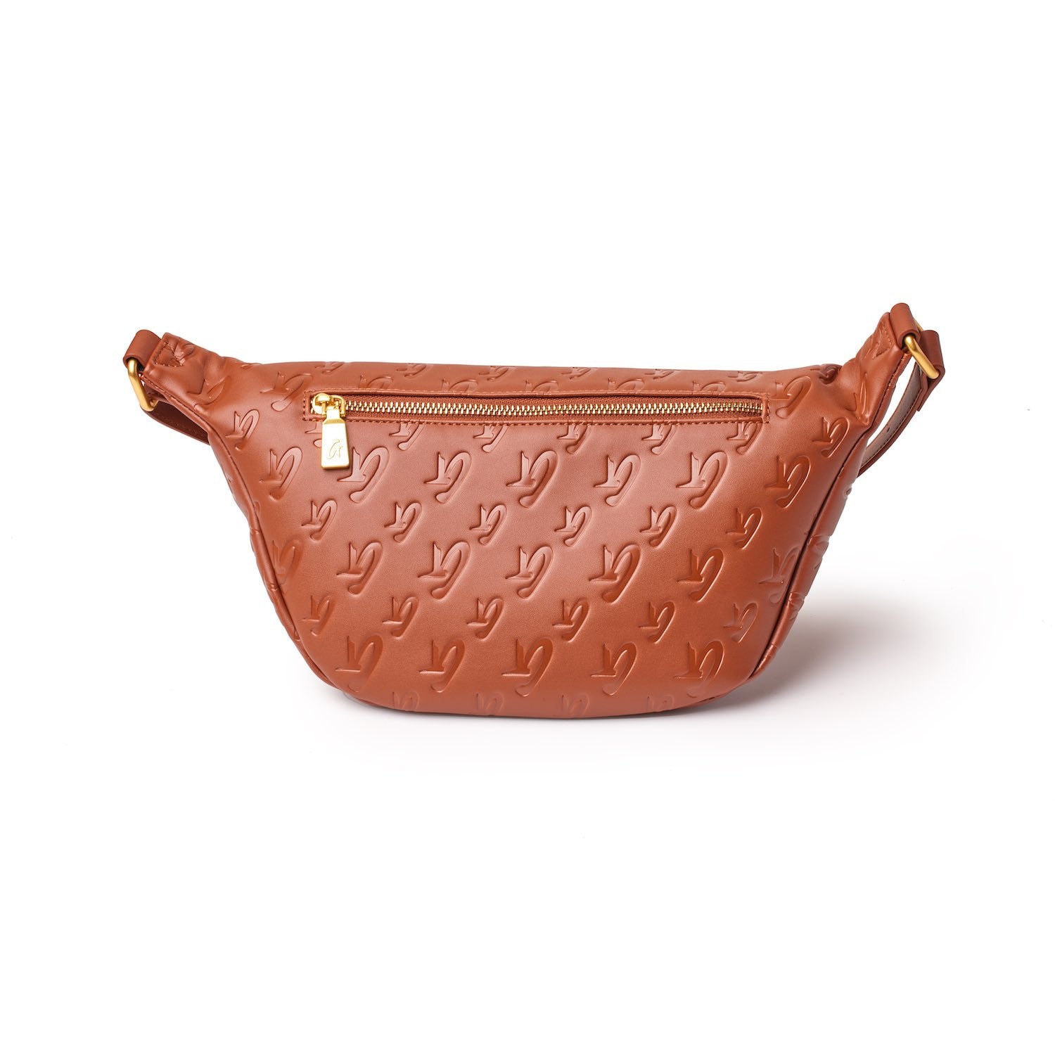 Brown Monogram Fanny Pack with embossed logo pattern, gold zipper, and adjustable strap.