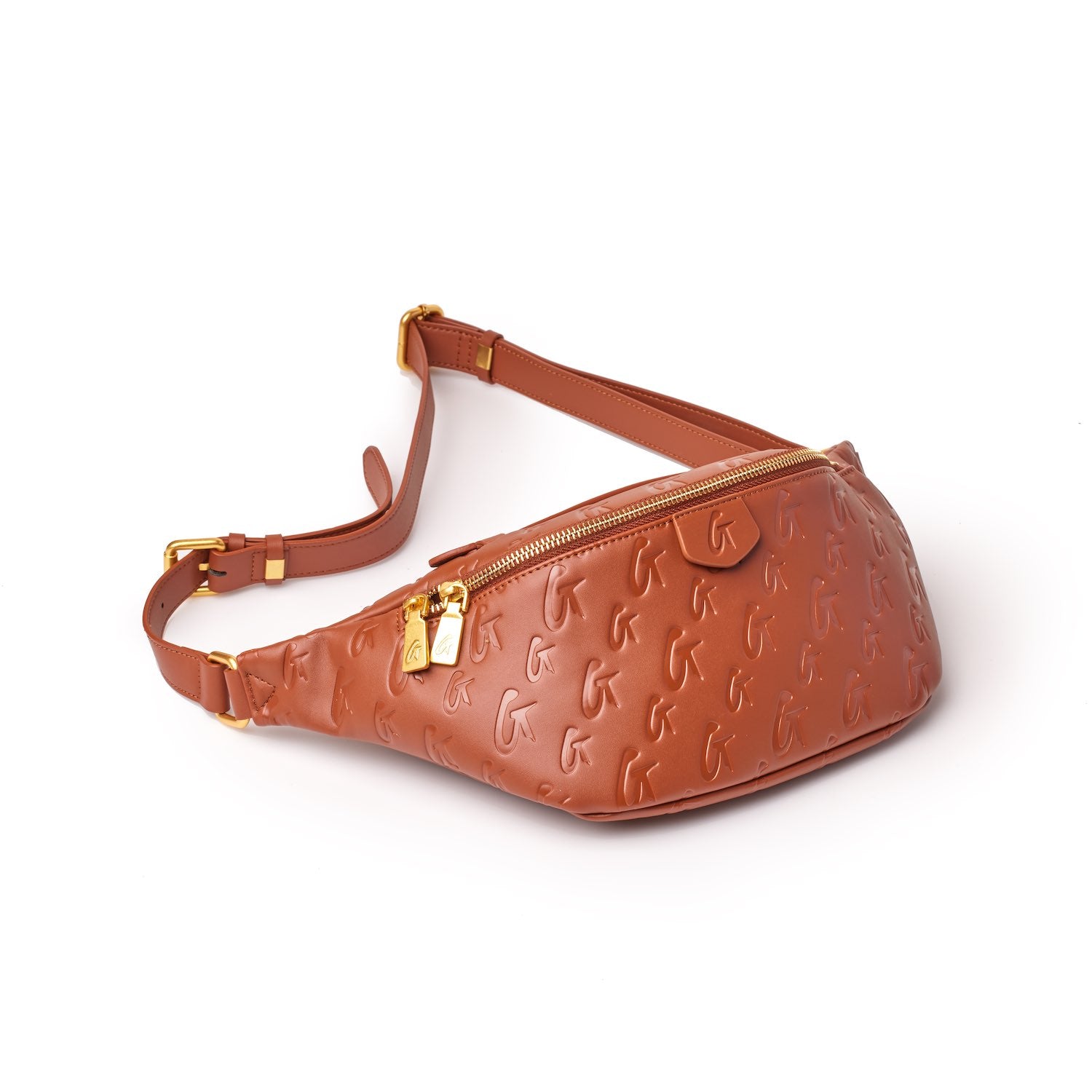 Brown Monogram Fanny Pack with embossed logo pattern, gold-tone zipper, and adjustable strap for a stylish, hands-free accessory.