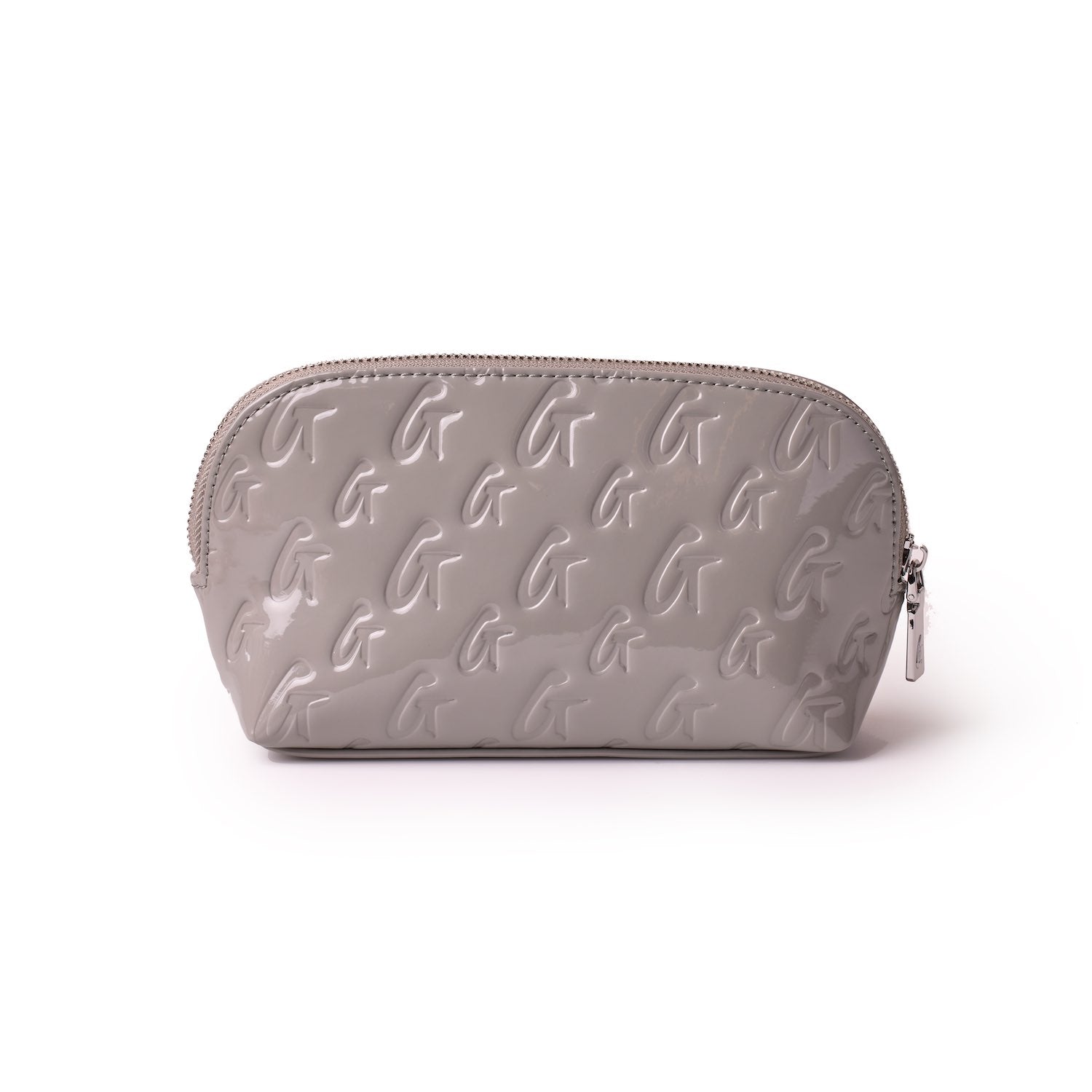 Gray monogram cosmetic pouch with embossed "G" pattern and a zipper closure, featuring a sleek, reflective finish.
