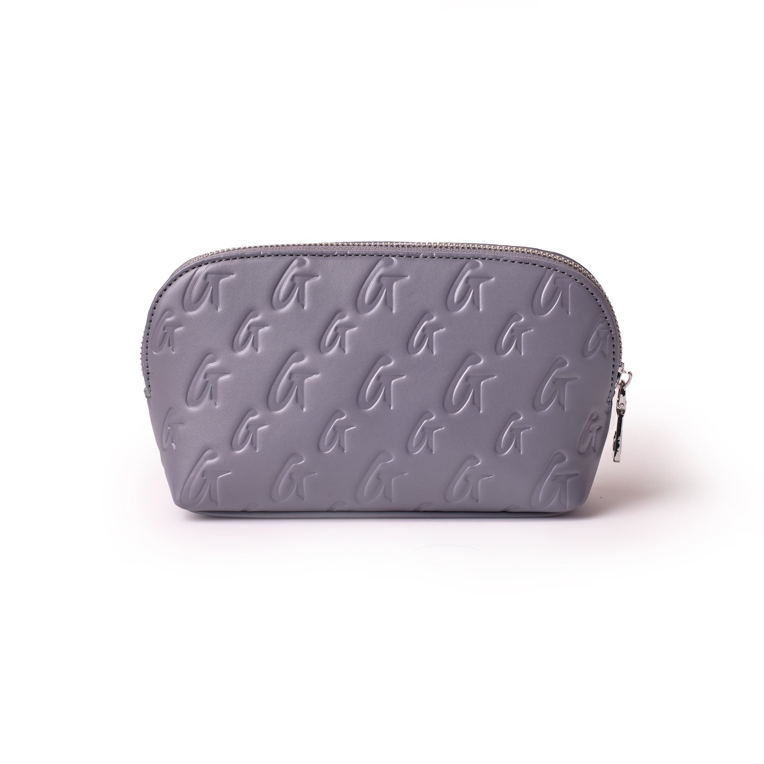 Gray Monogram Cosmetic Pouch with embossed G logo pattern and silver zipper closure.