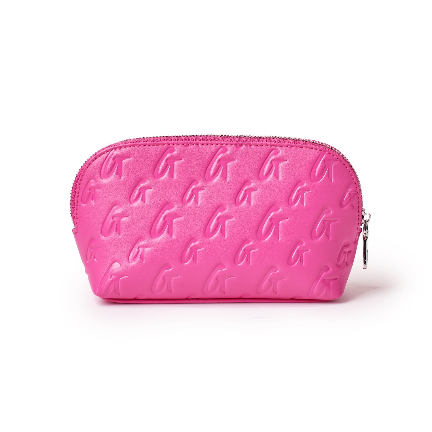 Pink monogram cosmetic pouch with embossed "G" pattern, zipper closure, designed for makeup and accessories.