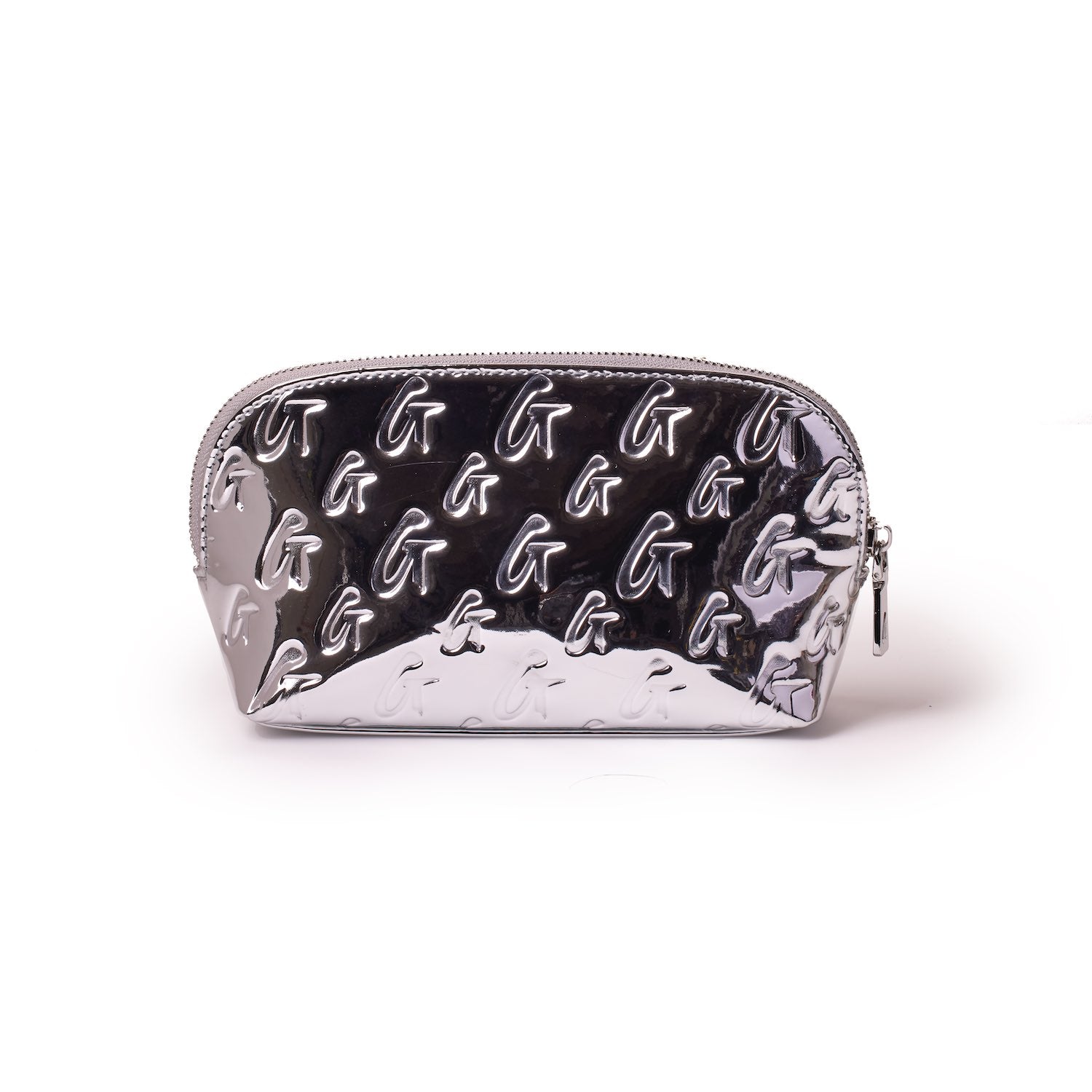 Metallic silver cosmetic pouch with embossed monogram G pattern, shiny finish, and zipper closure.
