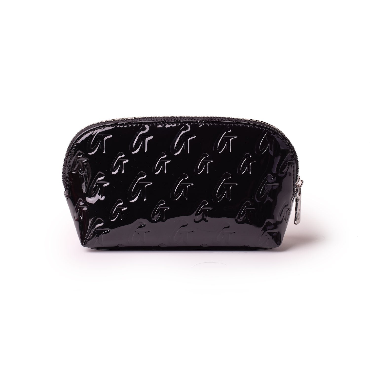 Black glossy monogram cosmetic pouch with a zipper, featuring embossed "G" patterns and a mirror inside.