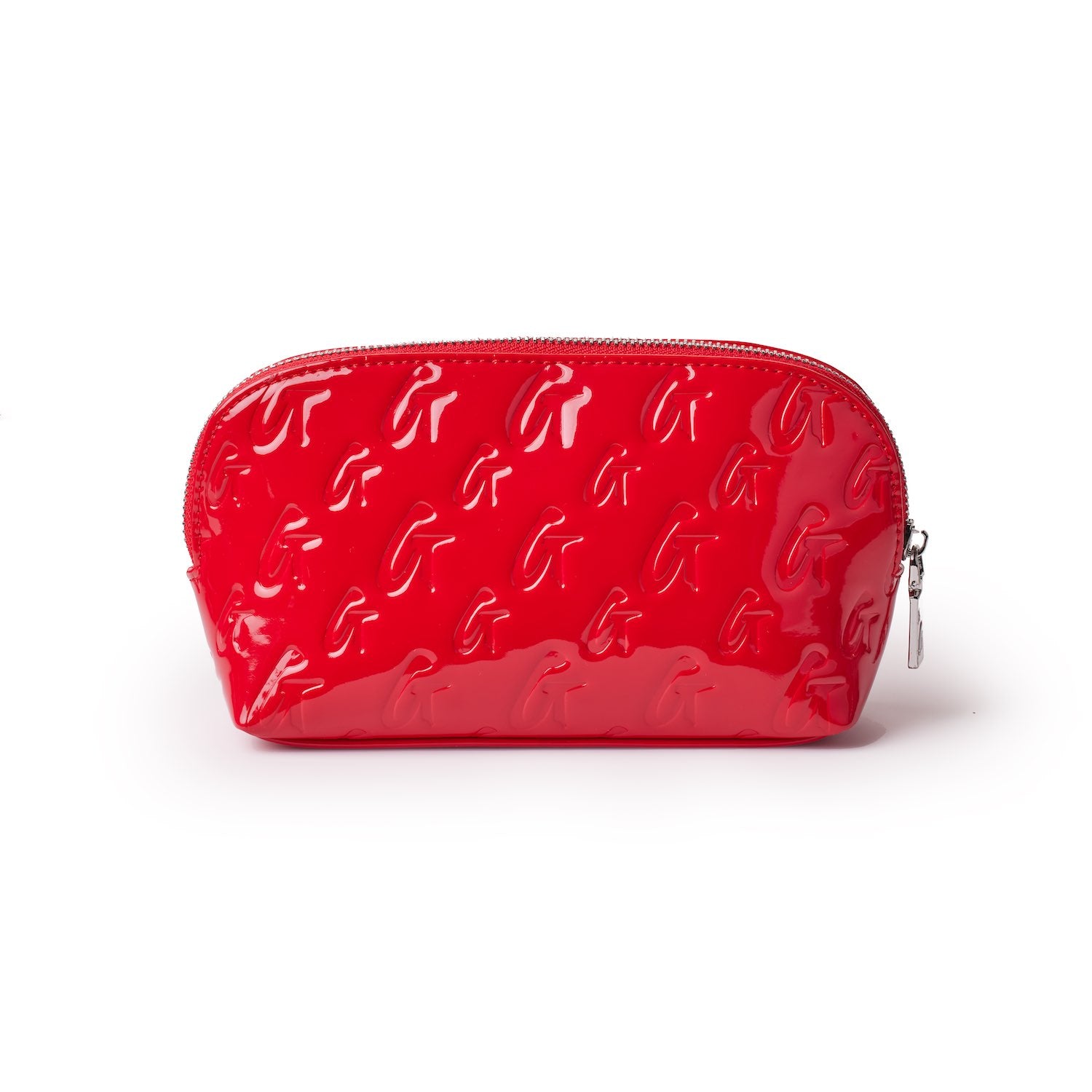Red, glossy monogram cosmetic pouch with embossed logo pattern and silver zipper.
