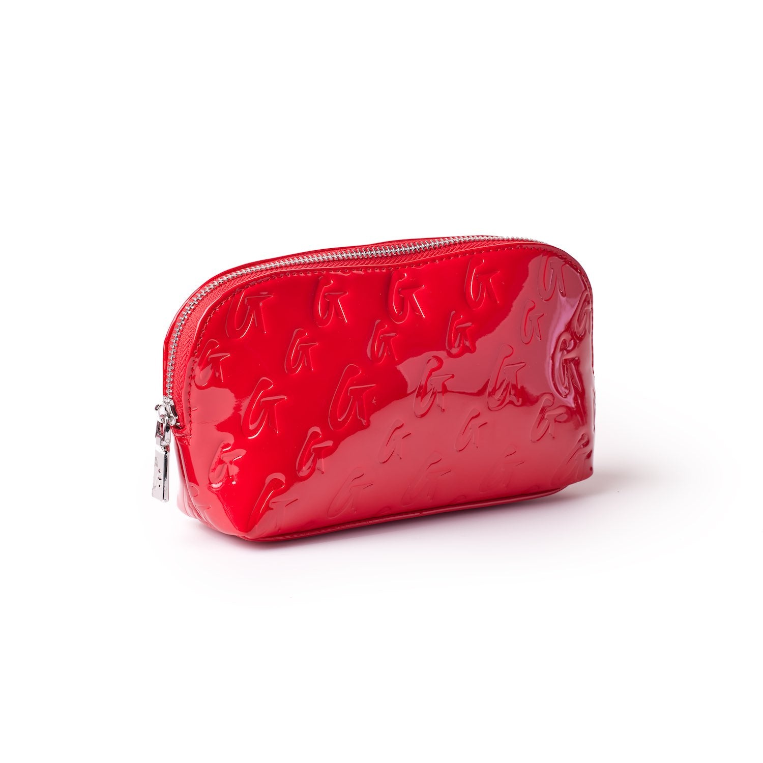 Red glossy monogram cosmetic pouch with embossed logo pattern and silver zipper, designed for makeup and accessories.