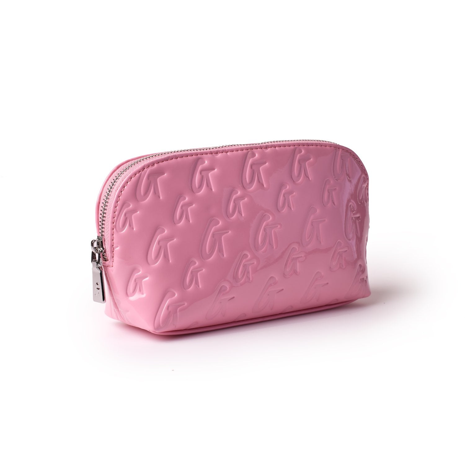 Pink monogram cosmetic pouch with embossed logo pattern and a mirror, featuring a silver zipper closure.
