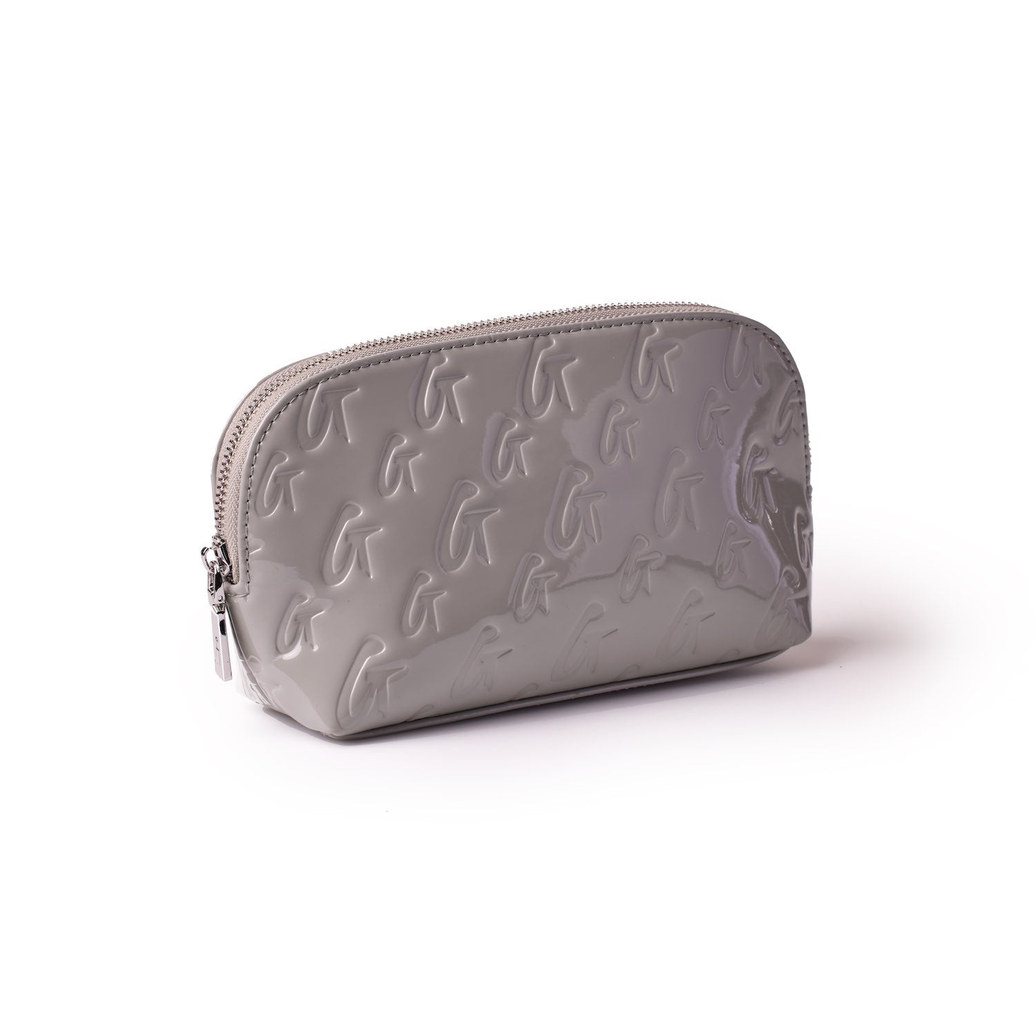 Gray monogram cosmetic pouch with embossed logo pattern and a zipper closure, featuring a sleek, reflective finish.
