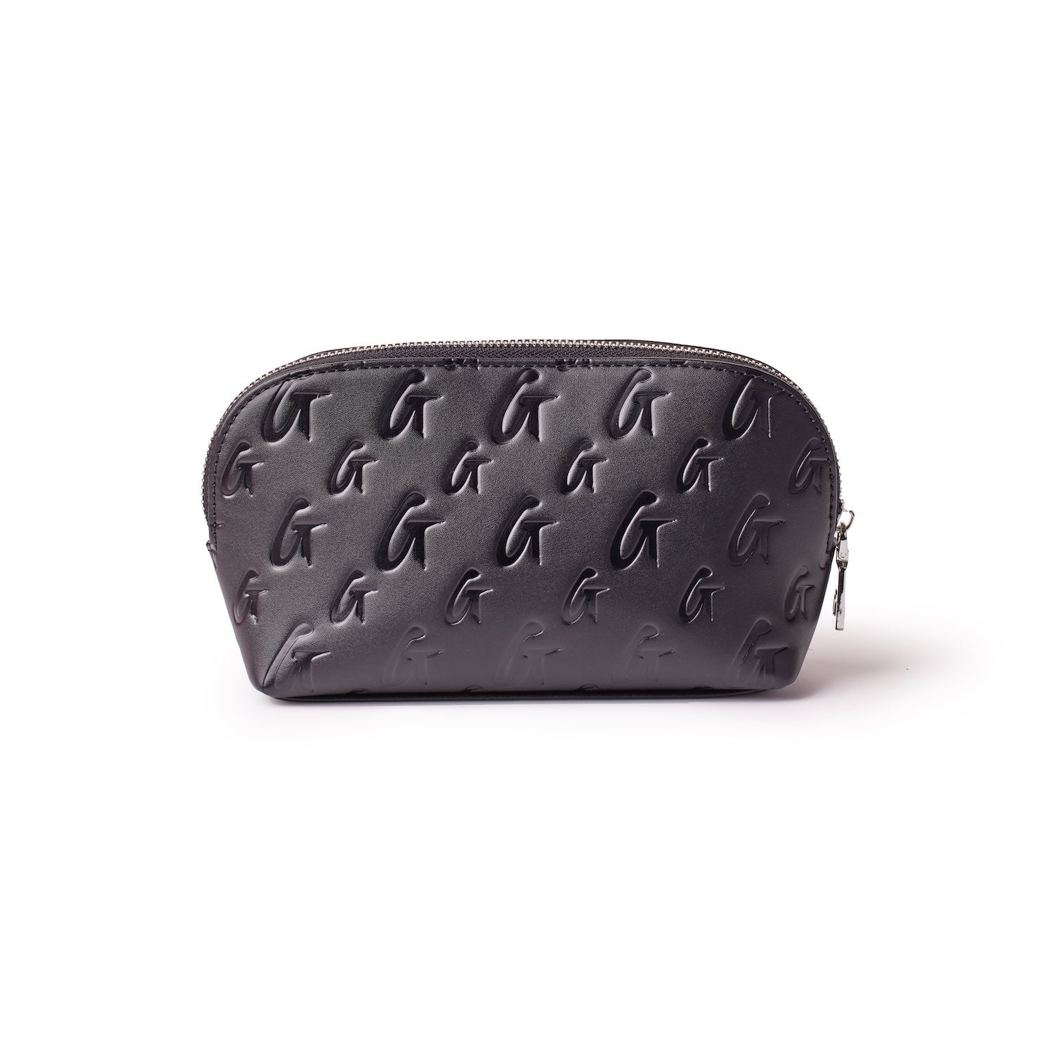 Black Monogram Cosmetic Pouch with embossed "G" pattern, zipper closure, stylish and compact for makeup essentials.