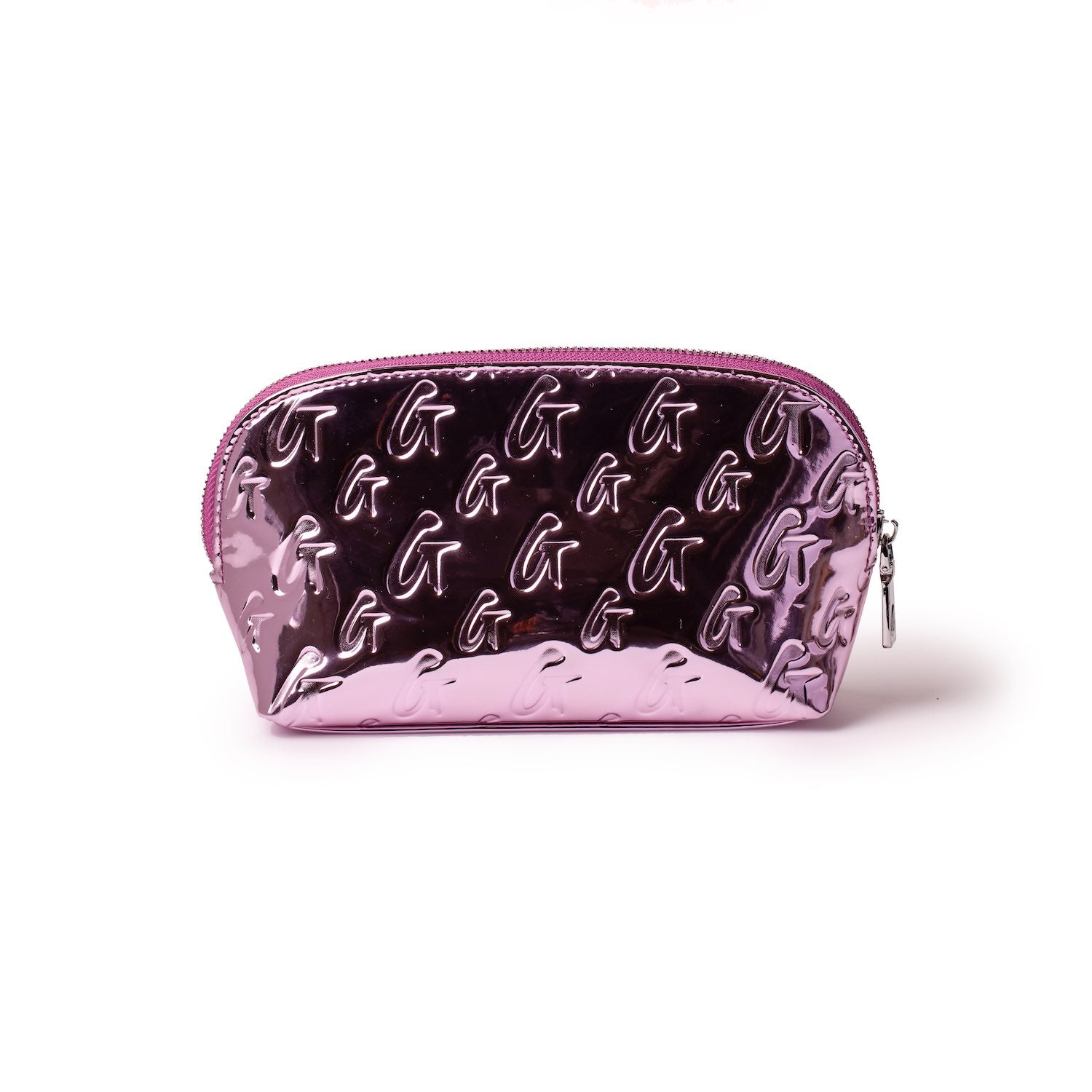 Metallic pink cosmetic pouch with a monogram G pattern, shiny finish, and zipper closure.