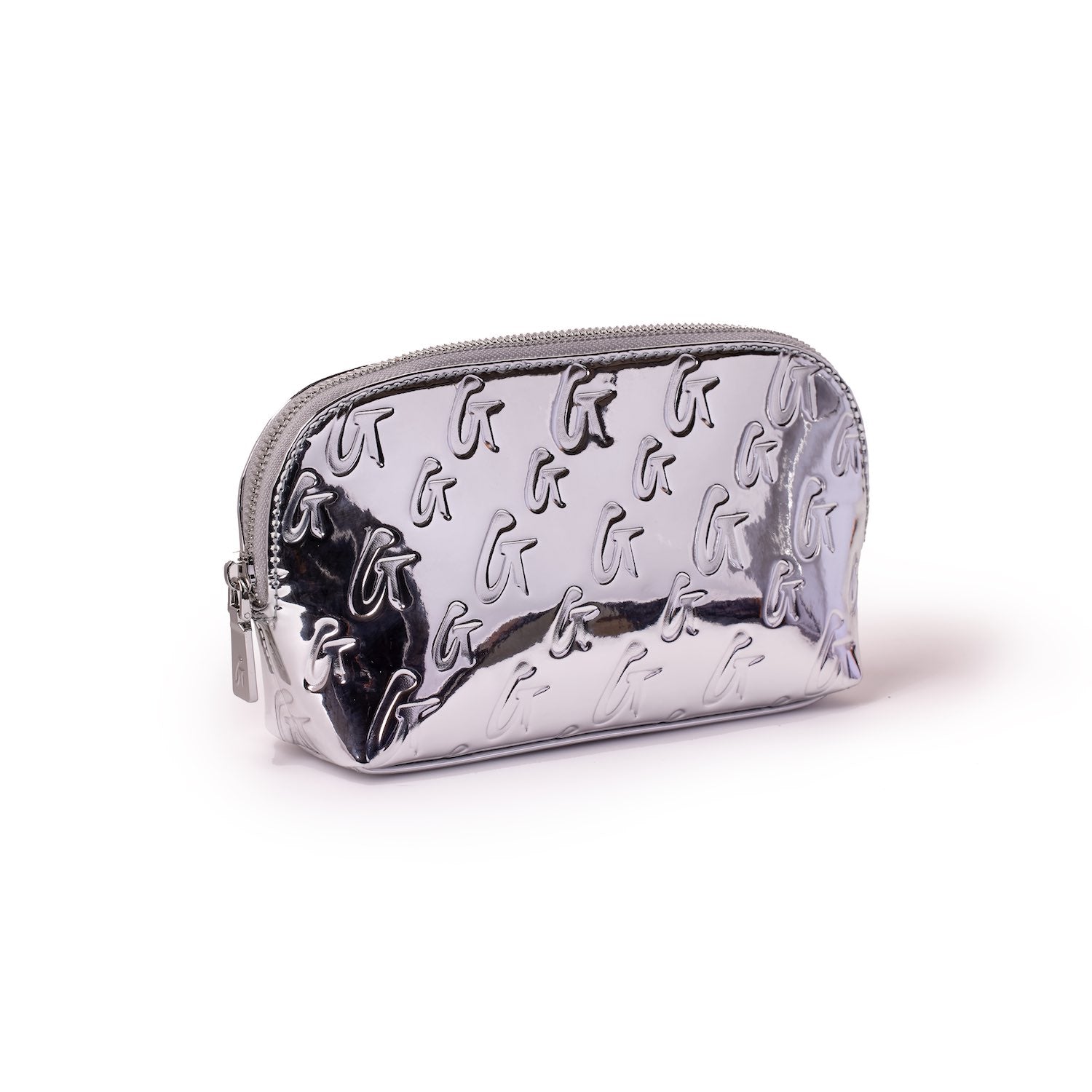 Metallic silver cosmetic pouch with embossed monogram G pattern, zip closure, and sleek, reflective finish.