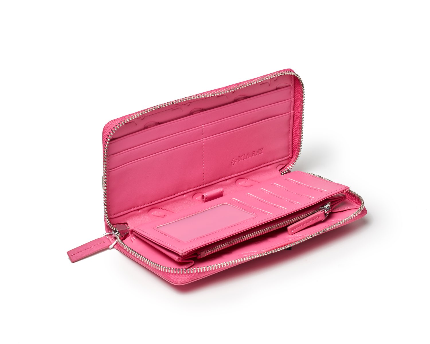 Open hot pink wallet with multiple card slots, a clear ID window, and a zippered coin pocket, all inside a zip-around design.