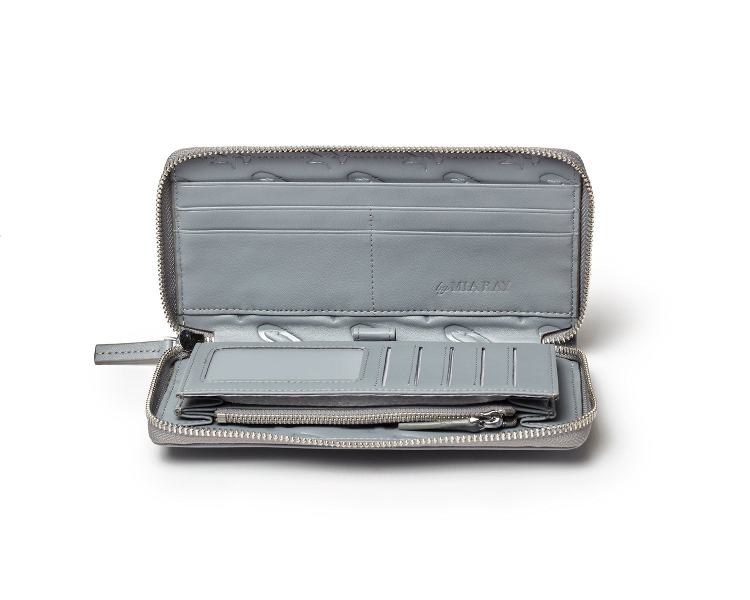Gray jumbo monogram wallet with multiple card slots, zipper compartment, and interior ID window, open to show interior details.