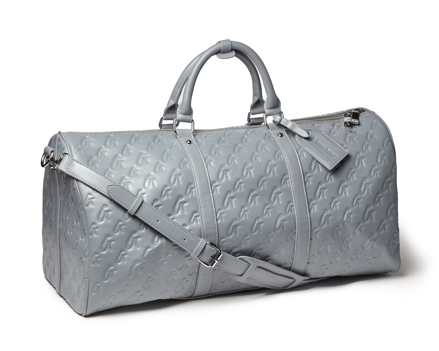 Gray unisex duffle bag with embossed logo pattern, top handles, adjustable shoulder strap, and zipper closure.