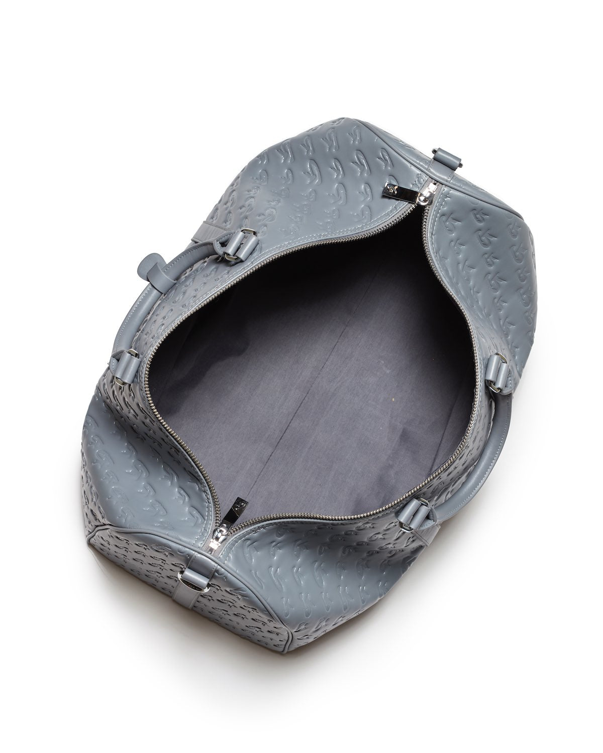 Gray unisex duffle bag with embossed monogram pattern, silver zipper, and spacious interior, ideal for travel or gym.