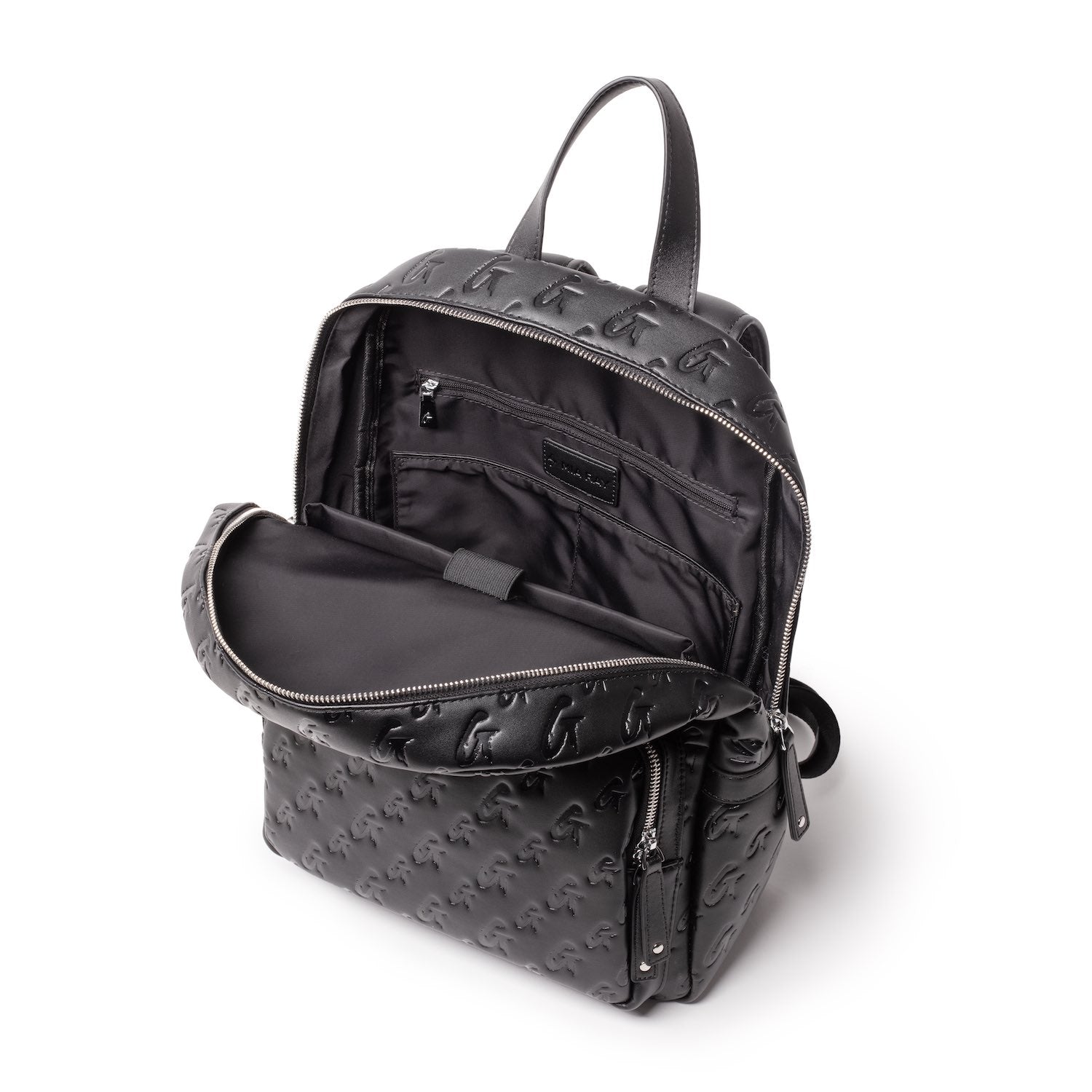 Black unisex backpack with embossed monogram pattern, multiple compartments, and a top handle, open to show interior organization.