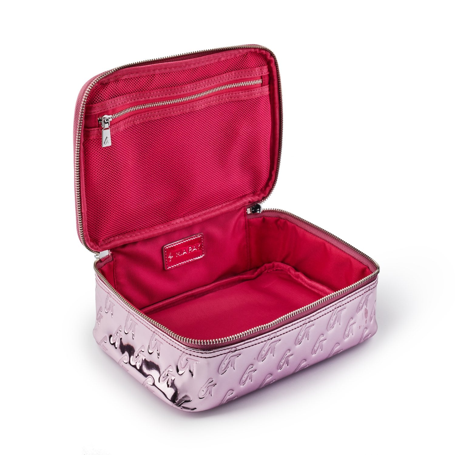 Medium metallic pink monogram toiletry bag with a shiny exterior, open to reveal a vibrant pink interior with zippered compartments.
