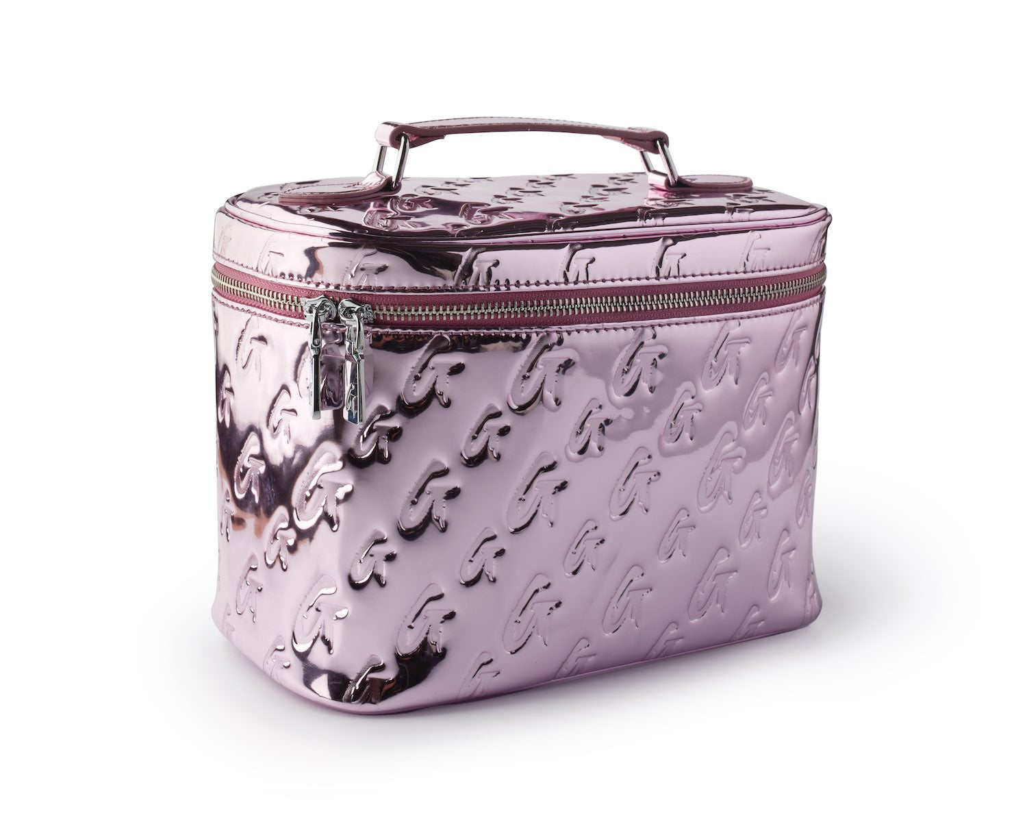 Large metallic pink monogram toiletry bag with embossed G pattern, silver zipper, and top handle.