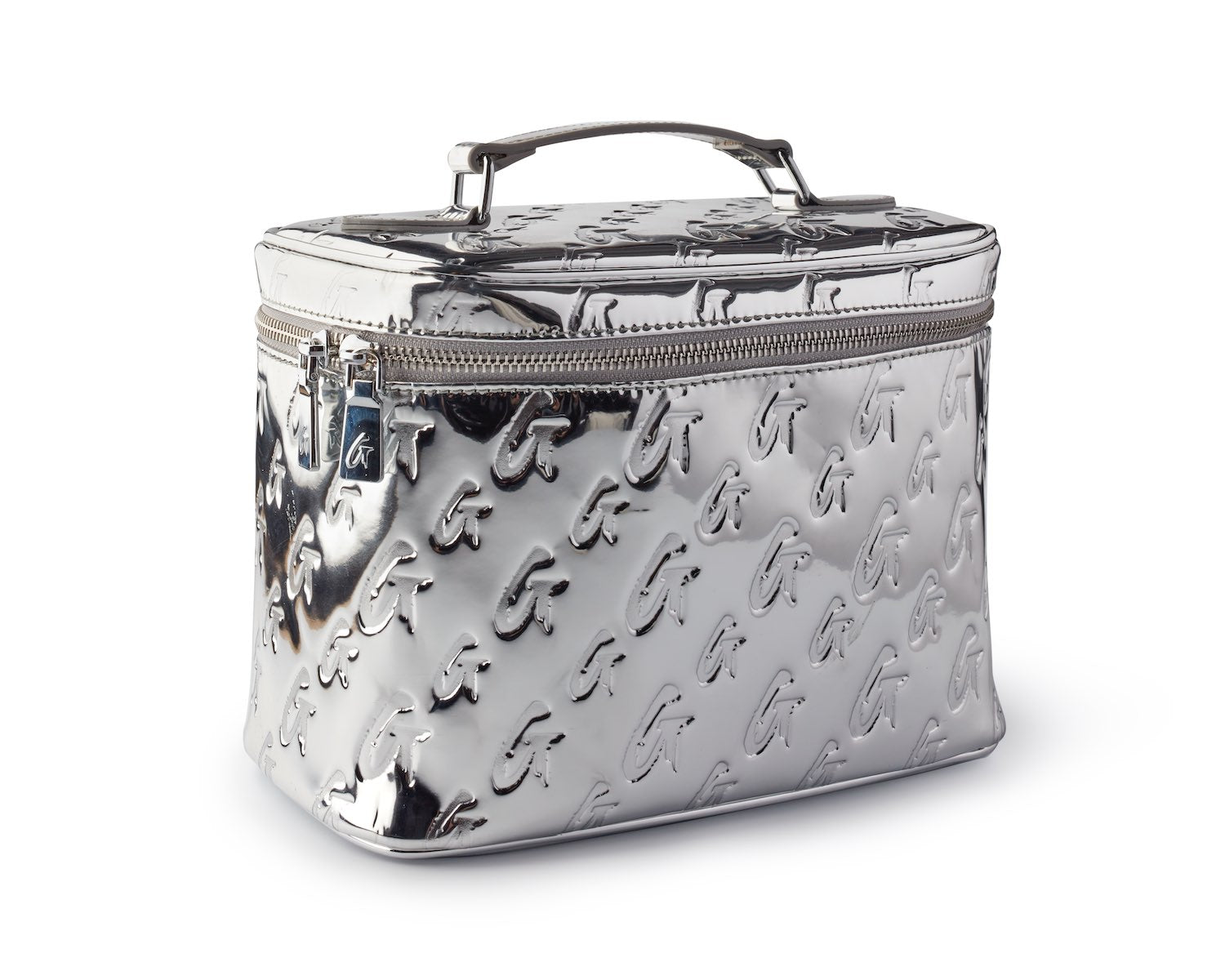Large metallic silver monogram toiletry bag with embossed logo pattern and zipper closure.
