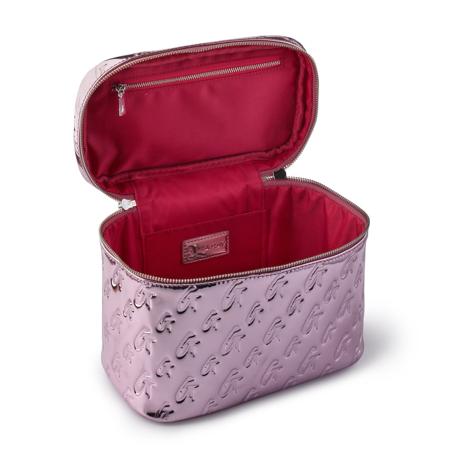 Large metallic pink monogram toiletry bag with embossed G pattern, open to show red interior and zippered compartments.