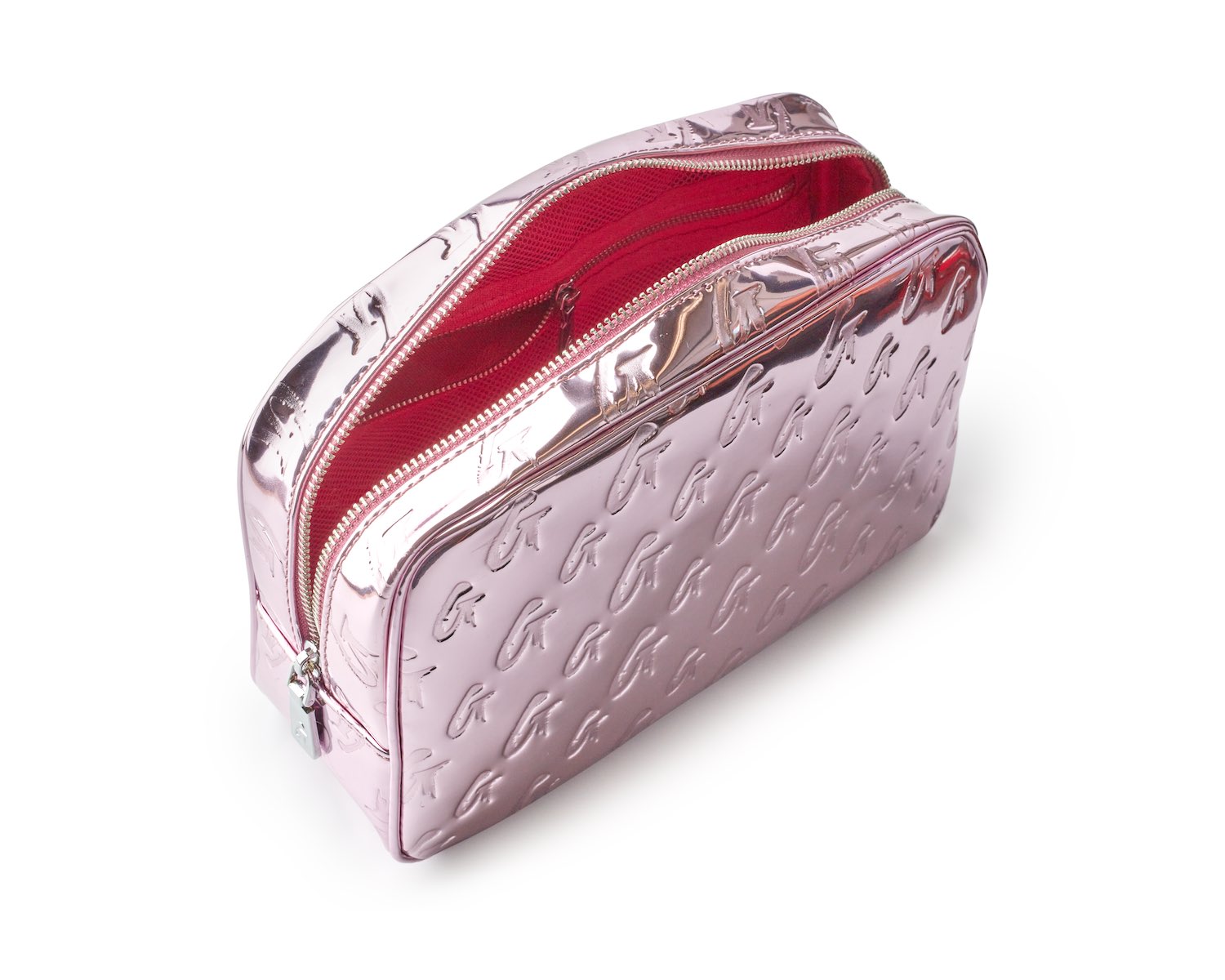 Small metallic pink monogram toiletry bag with embossed letter G pattern and zip closure, interior lined in red.