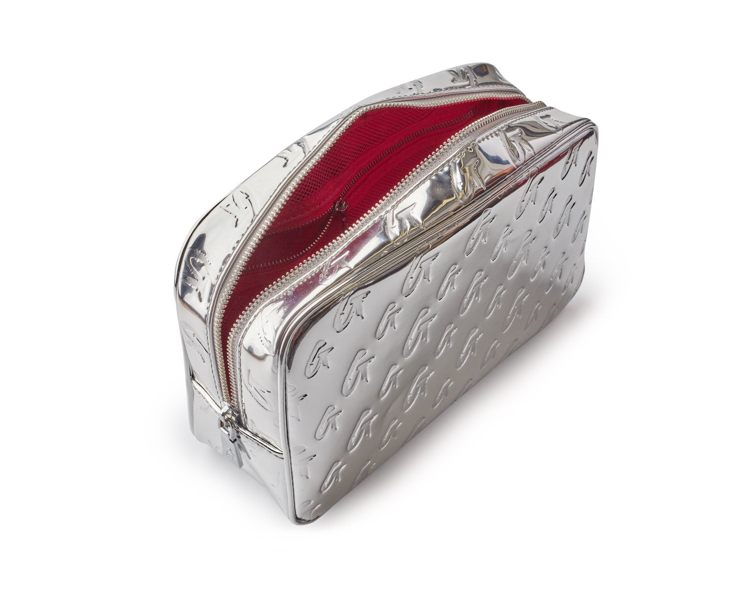 Small metallic silver monogram toiletry bag with embossed pattern and red interior, featuring dual zip closures.