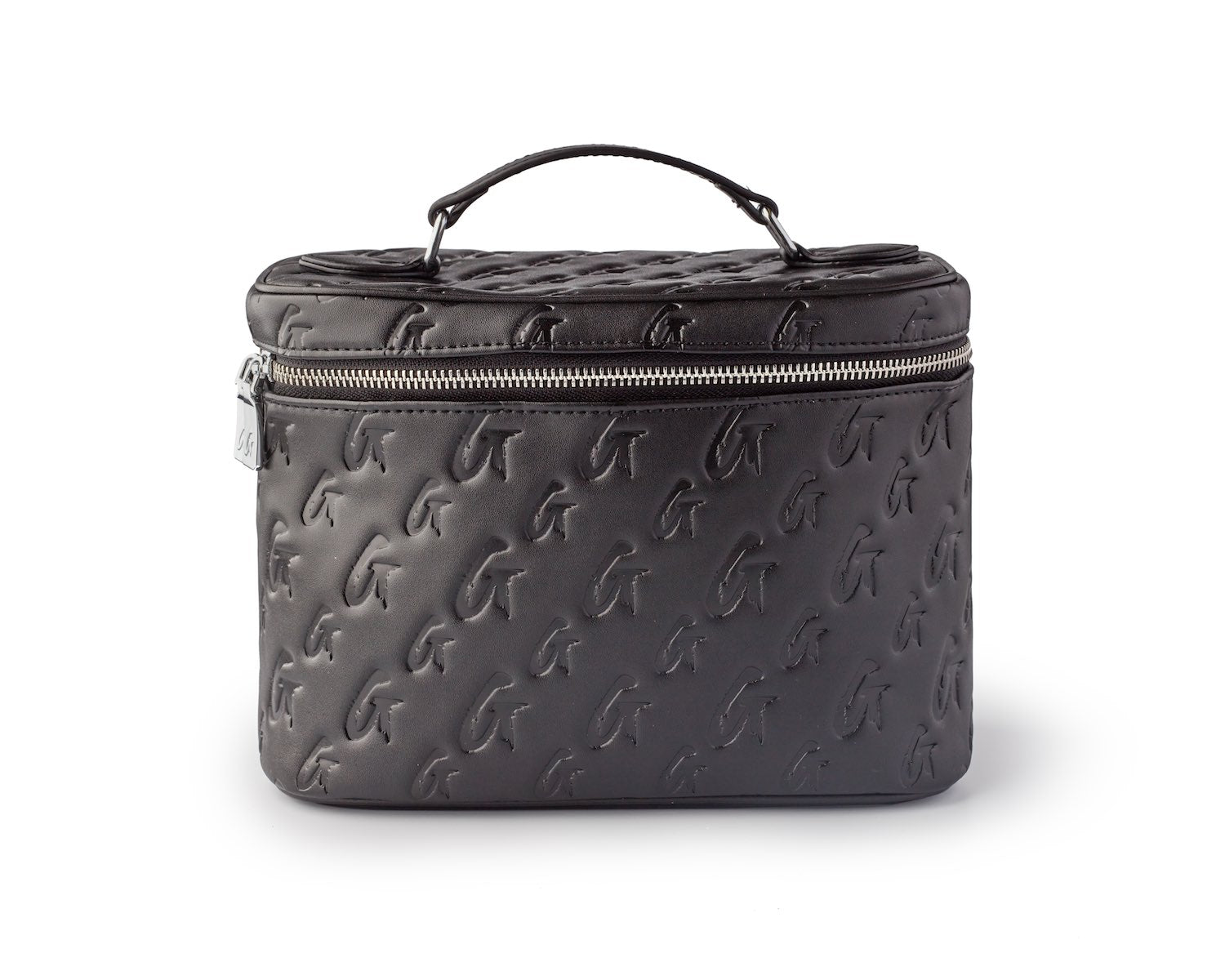 Large black monogram toiletry bag with embossed logo pattern, zipper closure, and top handle for travel use.