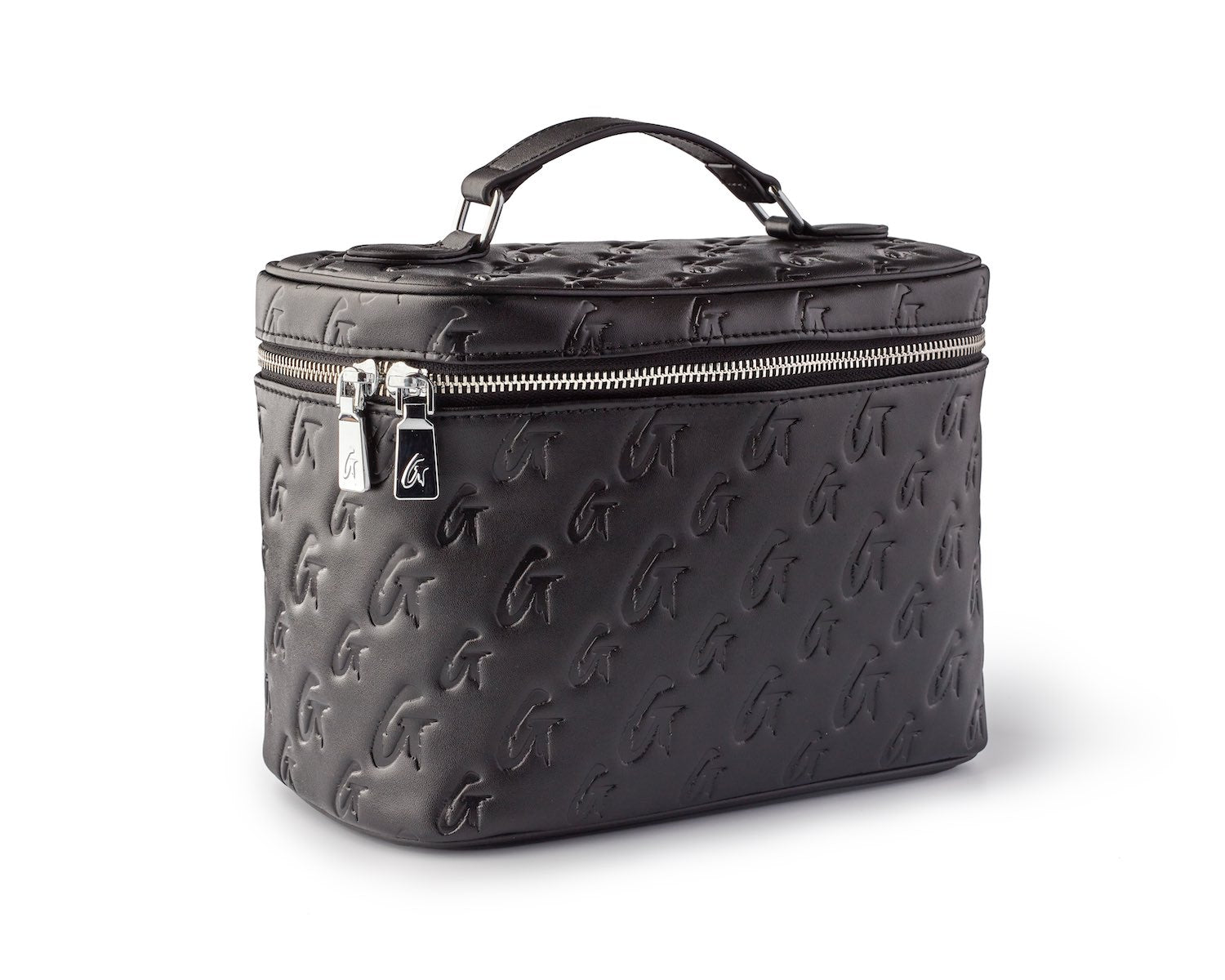 Large black monogram toiletry bag with embossed logo pattern, silver zipper, and top handle for travel organization.