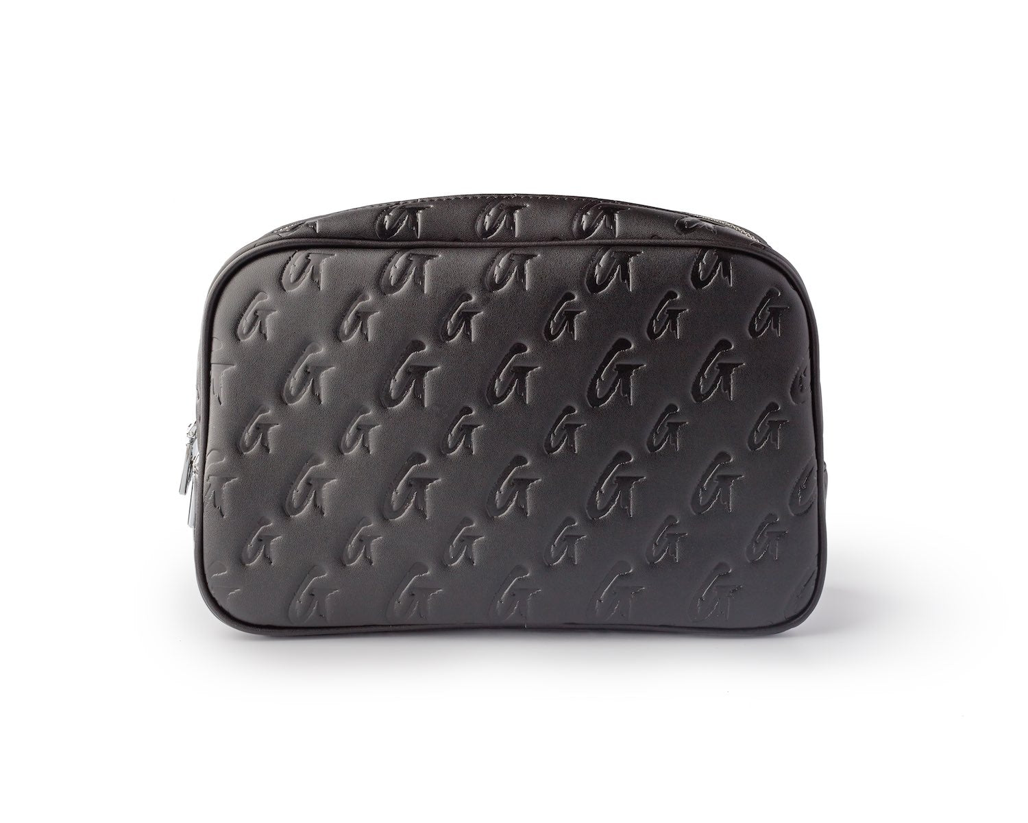 Small black monogram toiletry bag with embossed G pattern, compact design, and zip closure.