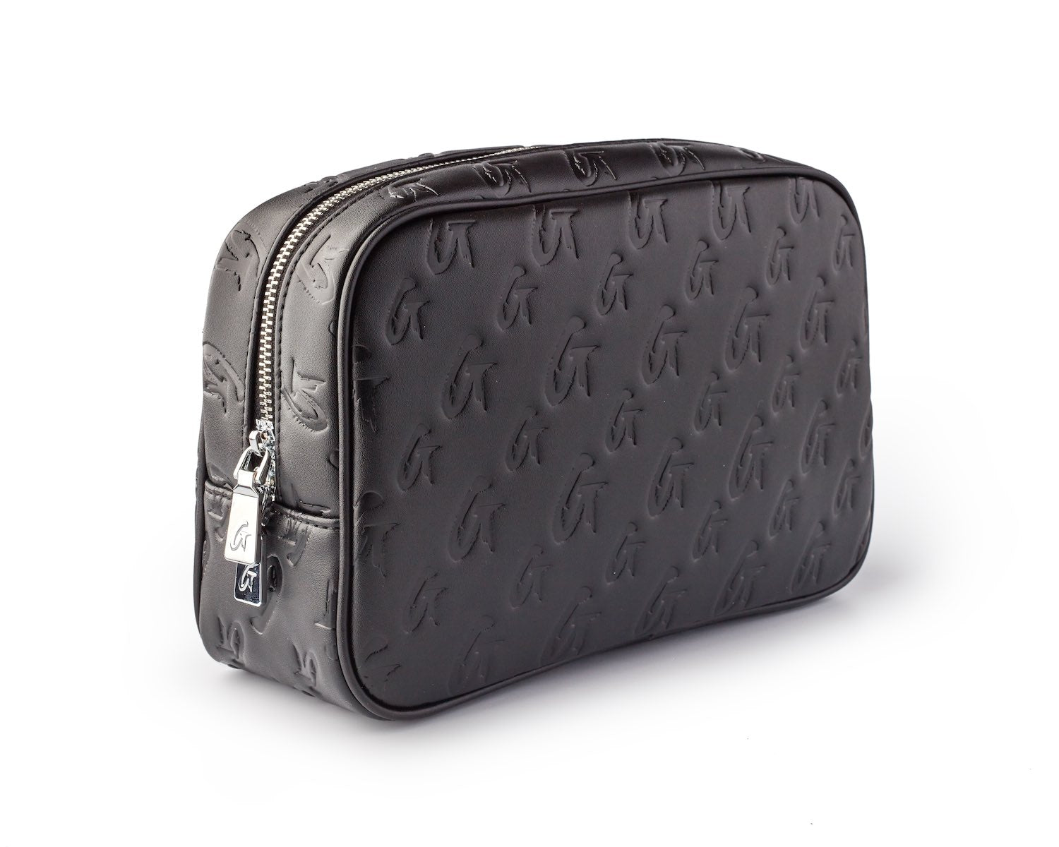 Small black monogram toiletry bag with embossed logo pattern, silver zipper, and compact rectangular design.