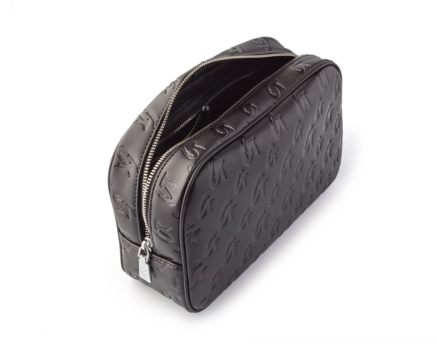 Small black monogram toiletry bag with embossed logo pattern and silver zipper, designed for travel and organization.