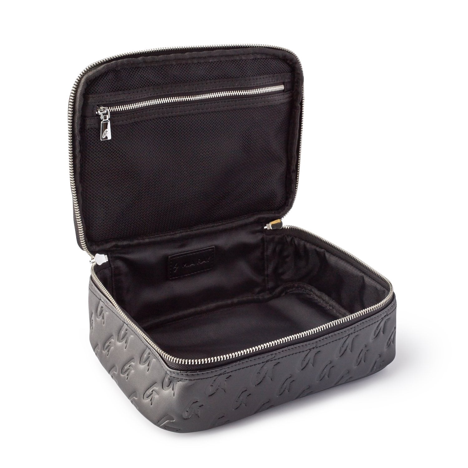 Open black medium monogram toiletry bag with a zip closure, interior compartments, and embossed monogram pattern.