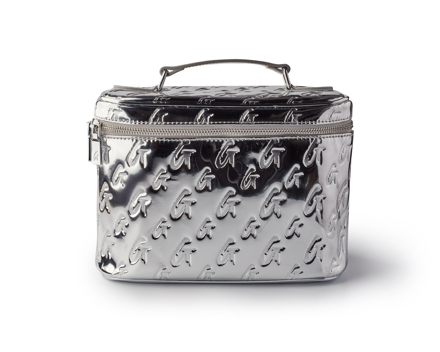 Large metallic silver monogram toiletry bag with embossed "G" pattern, zip closure, and top handle.