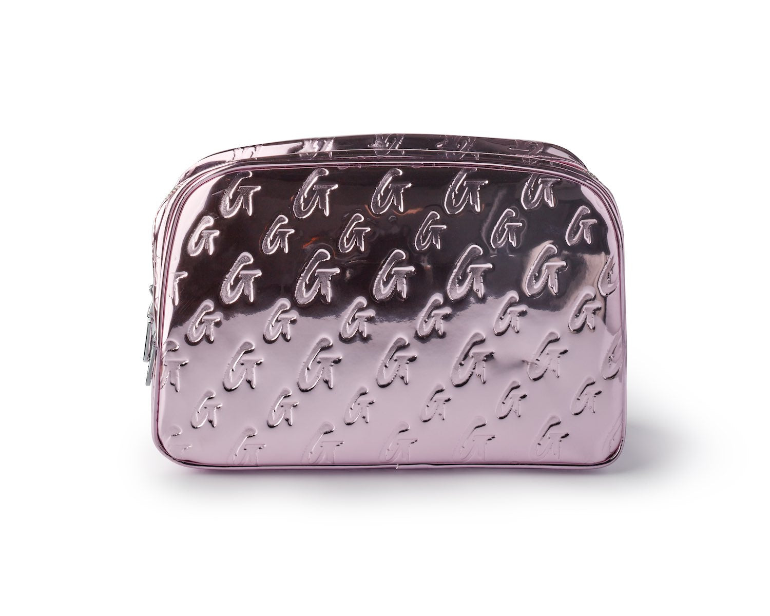 Small metallic pink monogram toiletry bag with embossed G pattern, shiny finish, and zip closure.