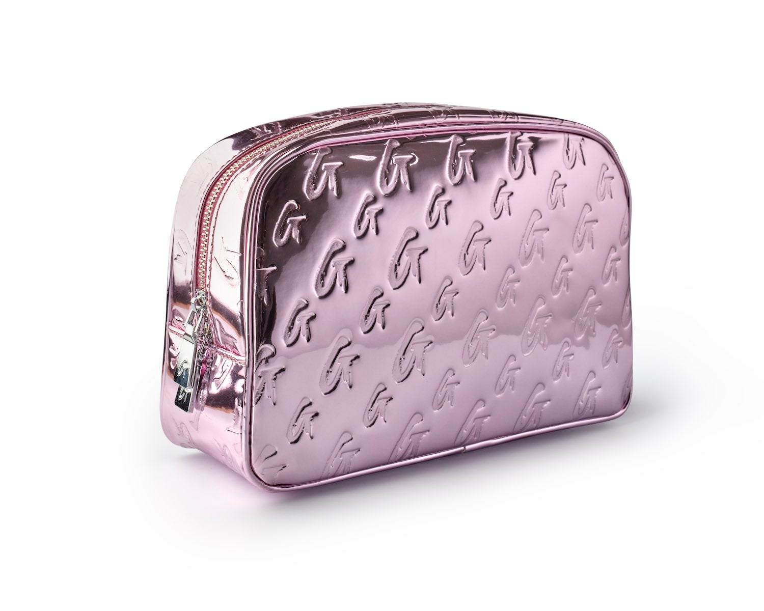 Small metallic pink monogram toiletry bag with embossed "G" pattern and silver zipper.