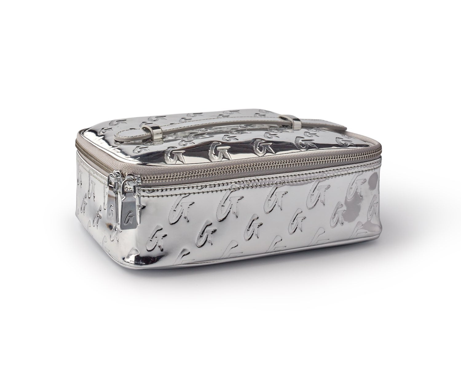 Medium metallic silver monogram toiletry bag with a shiny, embossed pattern and a top handle.