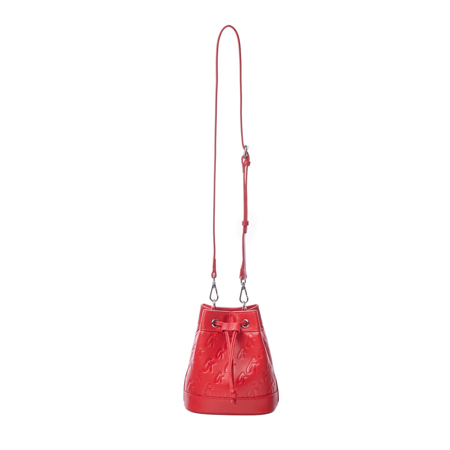 Red Monogram Bucket Bag bundle with embossed logo pattern, adjustable strap, and drawstring closure.