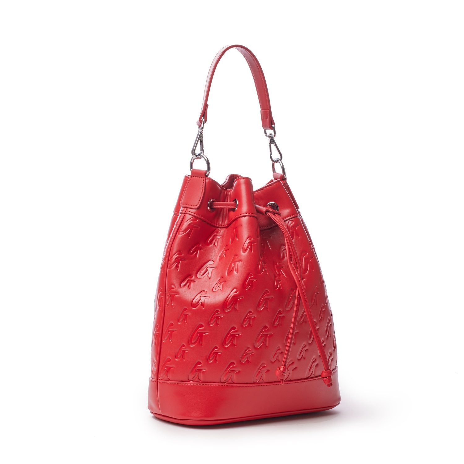 Large red monogram bucket bag with embossed logo pattern, adjustable drawstring closure, and a top handle.