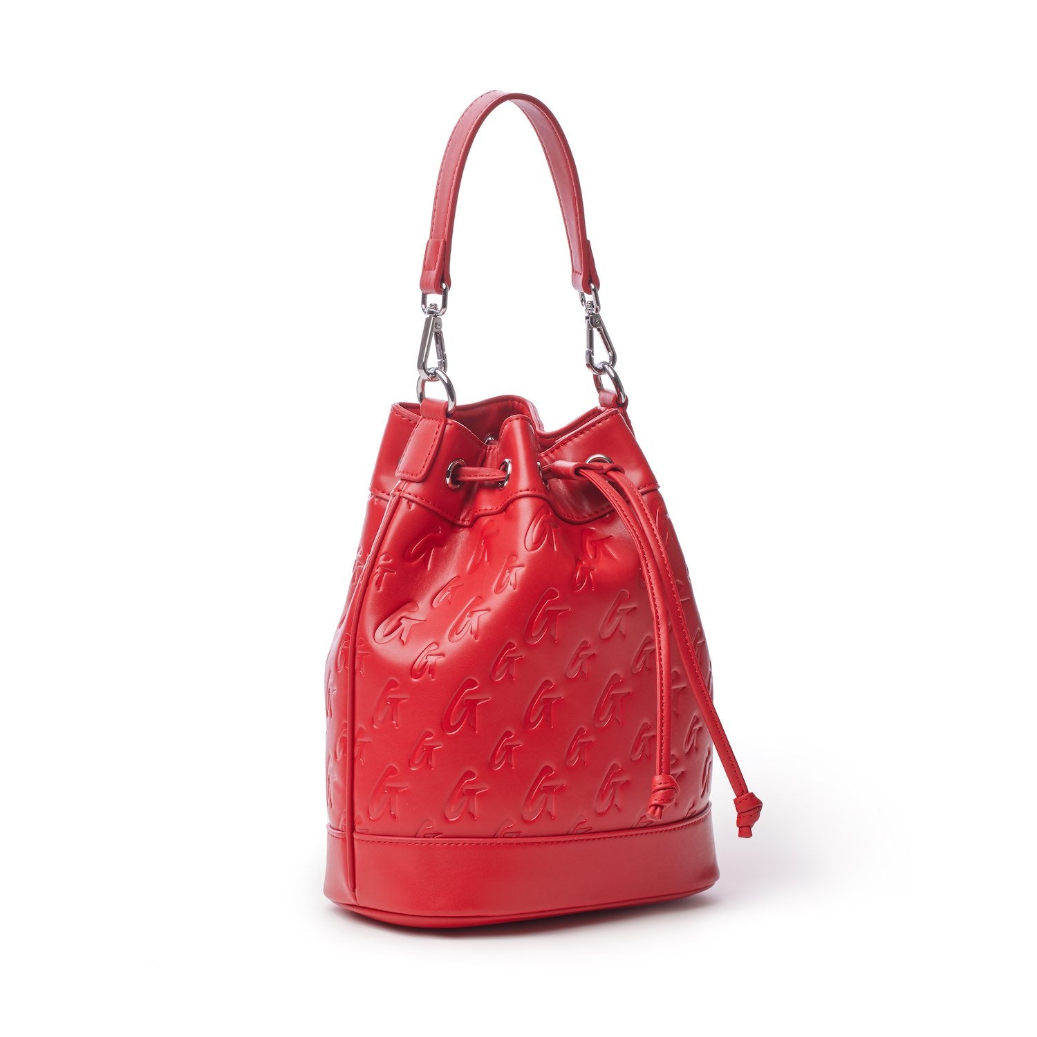 Red medium monogram bucket bag with embossed logo pattern, adjustable drawstring closure, and a top handle.