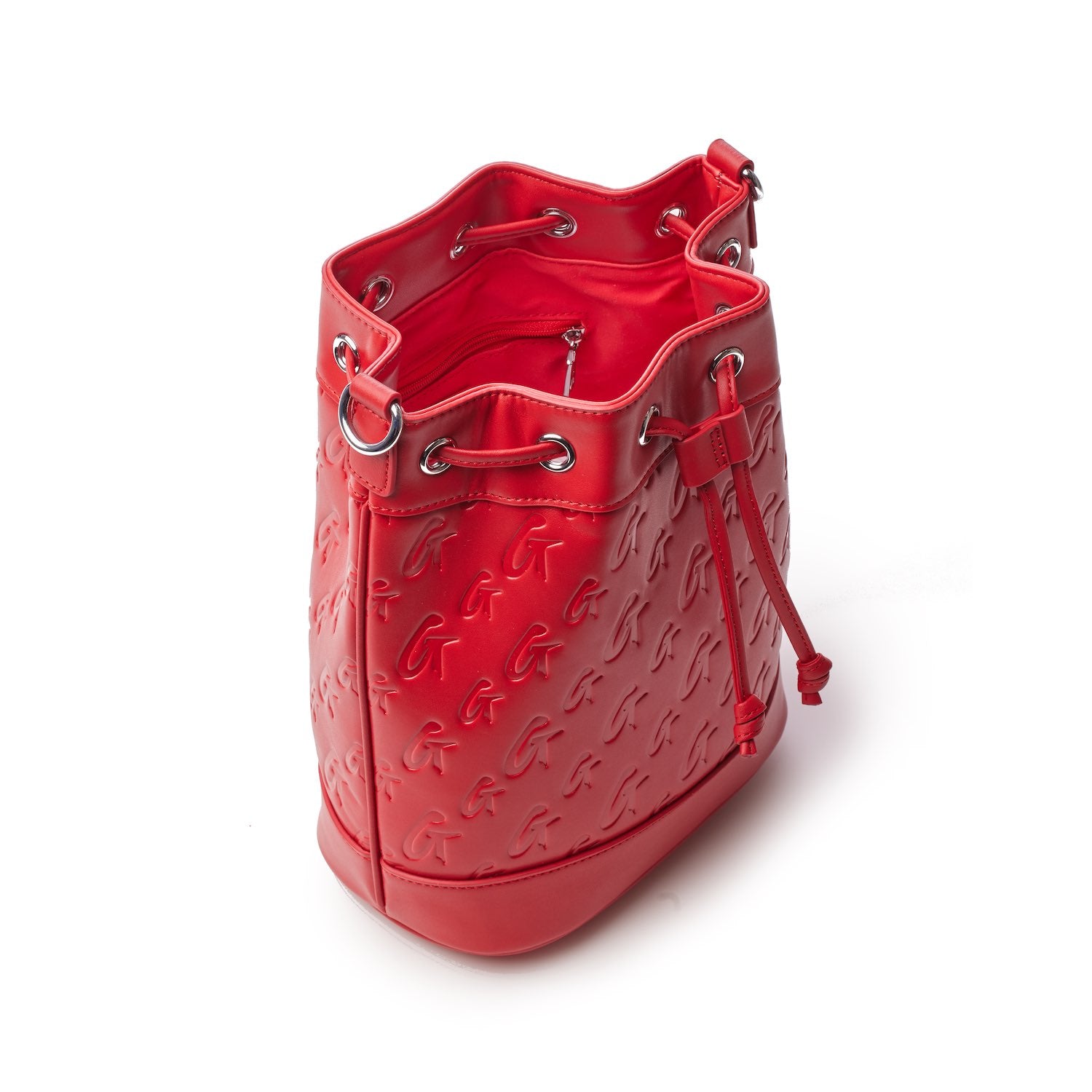 Red medium monogram bucket bag with embossed logo pattern, drawstring closure, and interior zip pocket.