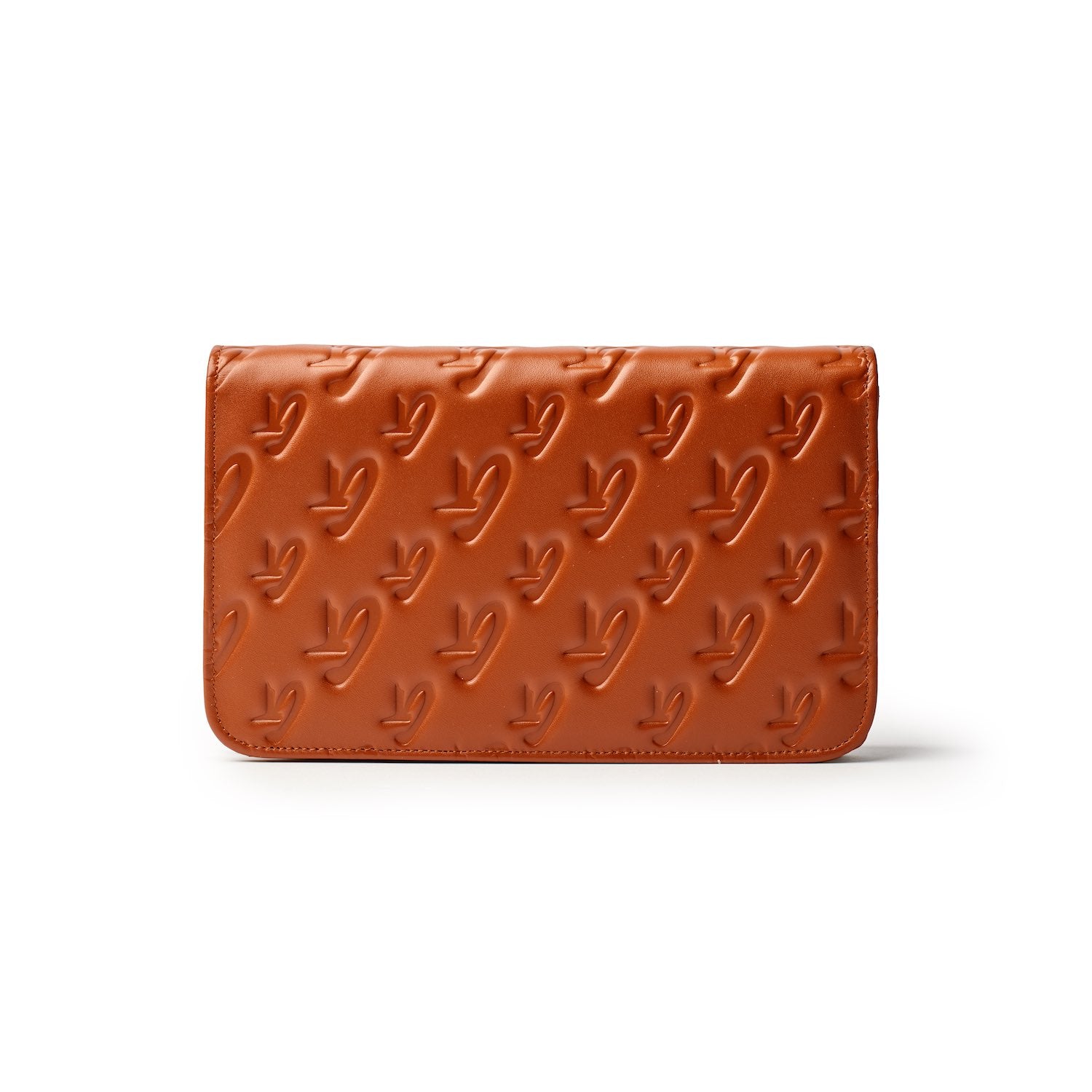 Brown leather wallet with embossed monogram pattern and silver logo accents, designed for women on the go.